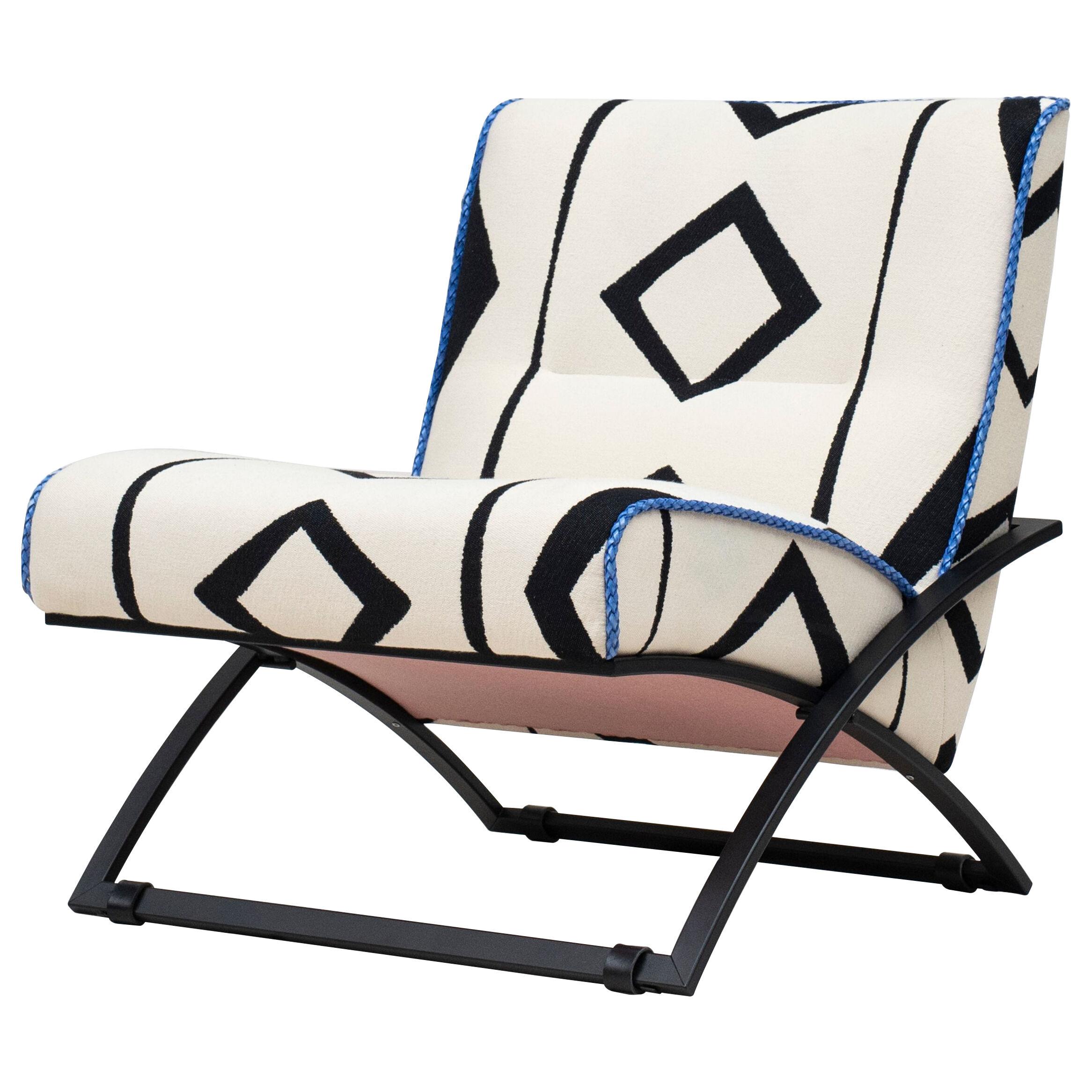 Mid Century Modern Lounge Chair Black Metal Frame Black White Tribal Upholster 