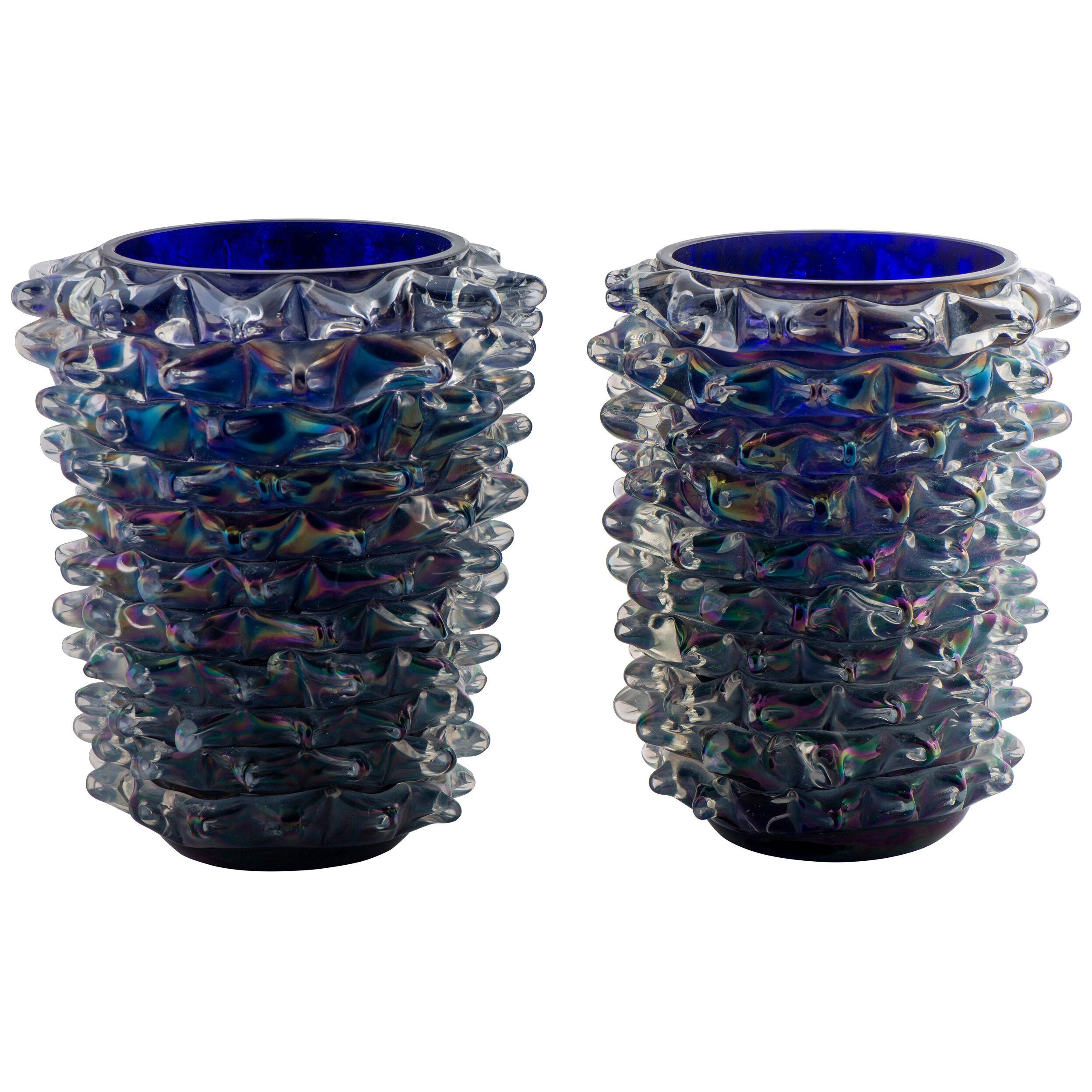 Pair of Murano Glass dark blue Rostratti Vases by Silvano Signoretto, Italy 2016