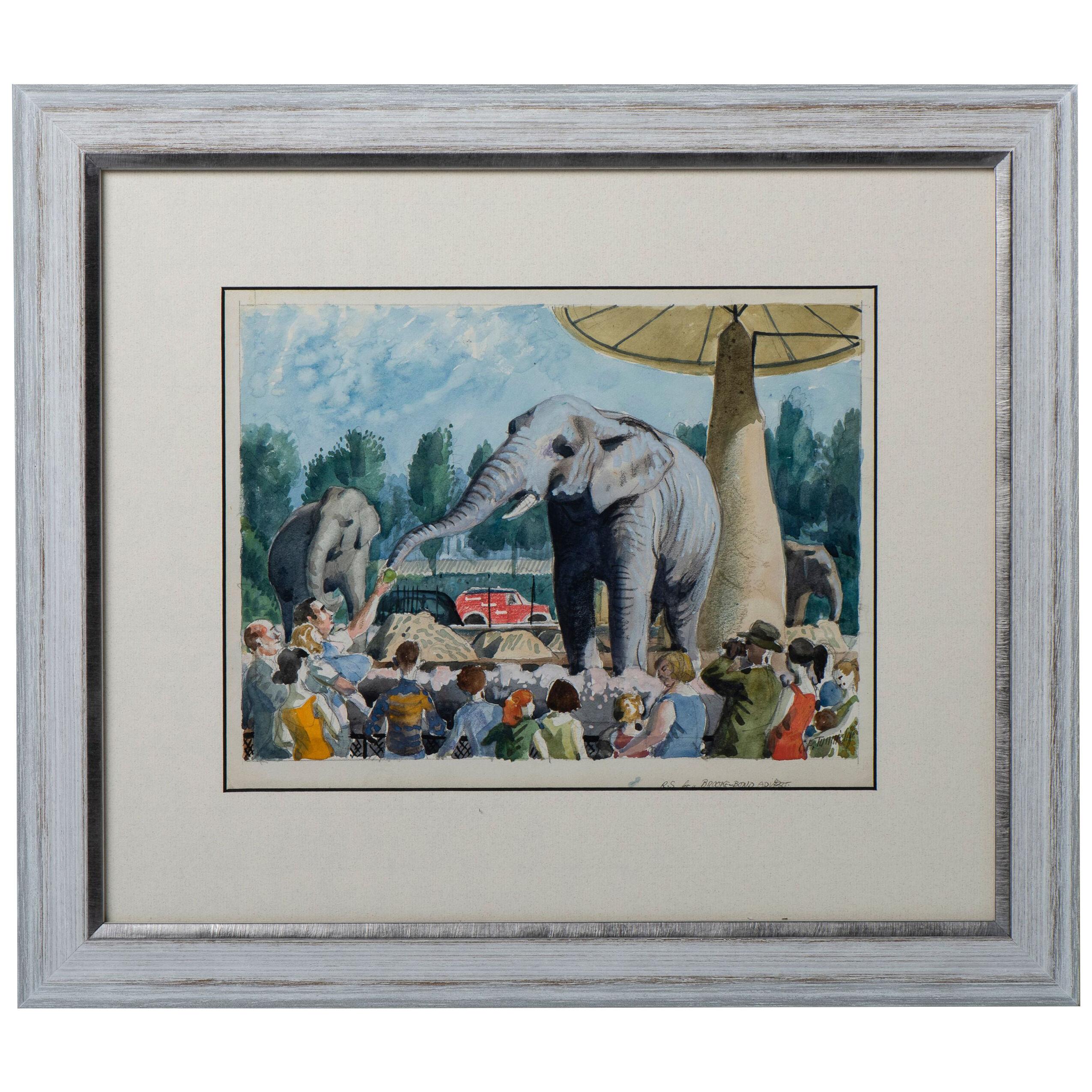 Painting of an Elephant by C.F.Tunnicliffe, Pencil, England circa 1960