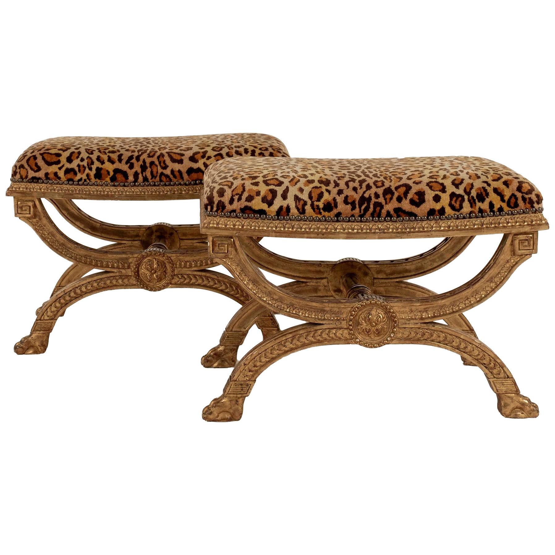 Pair Neoclassical Giltwood Leopard Velvet Curule Benches
