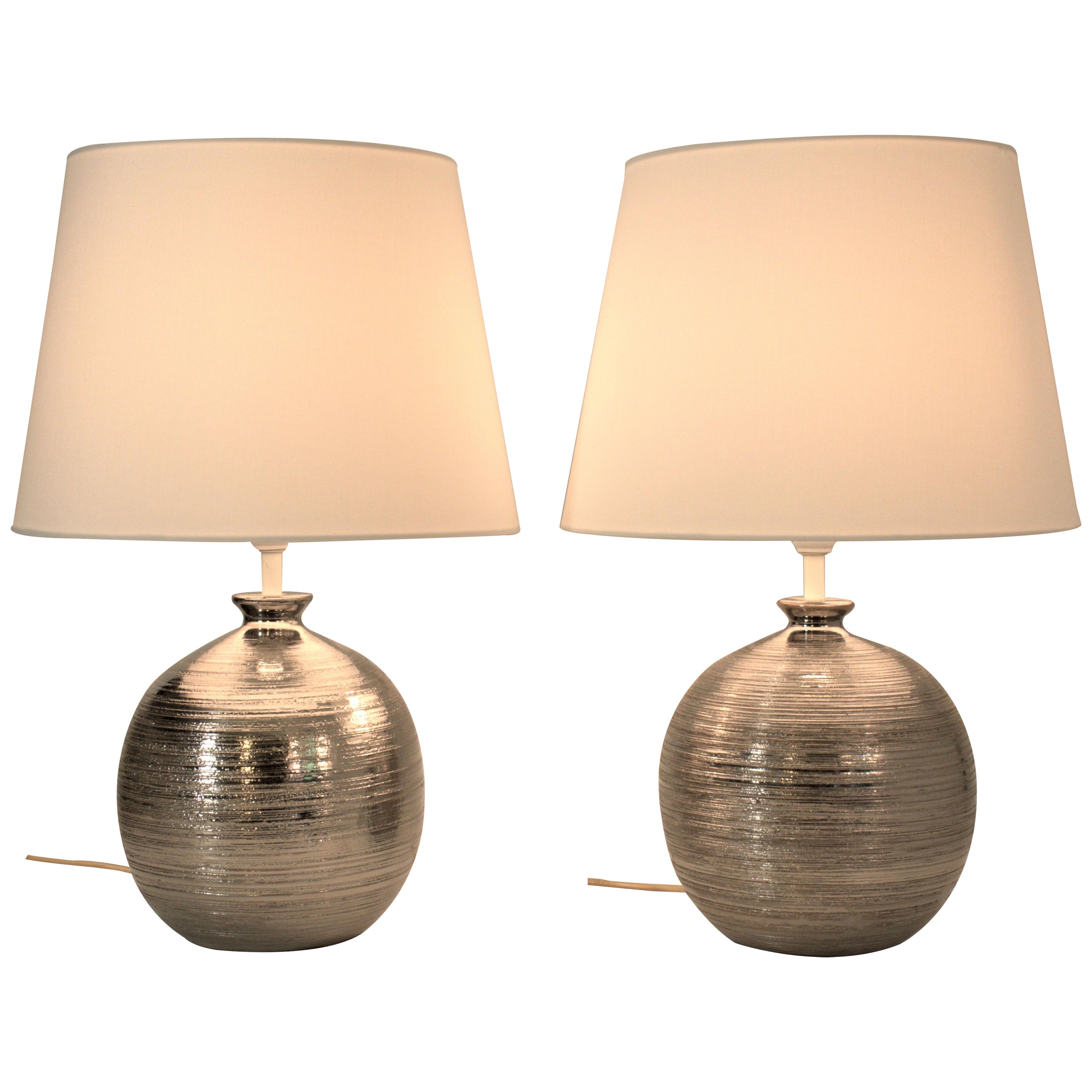 Pair Very Rare Silvered Ceramic Table Lamps by Bitossi for Bergboms, 1960´s