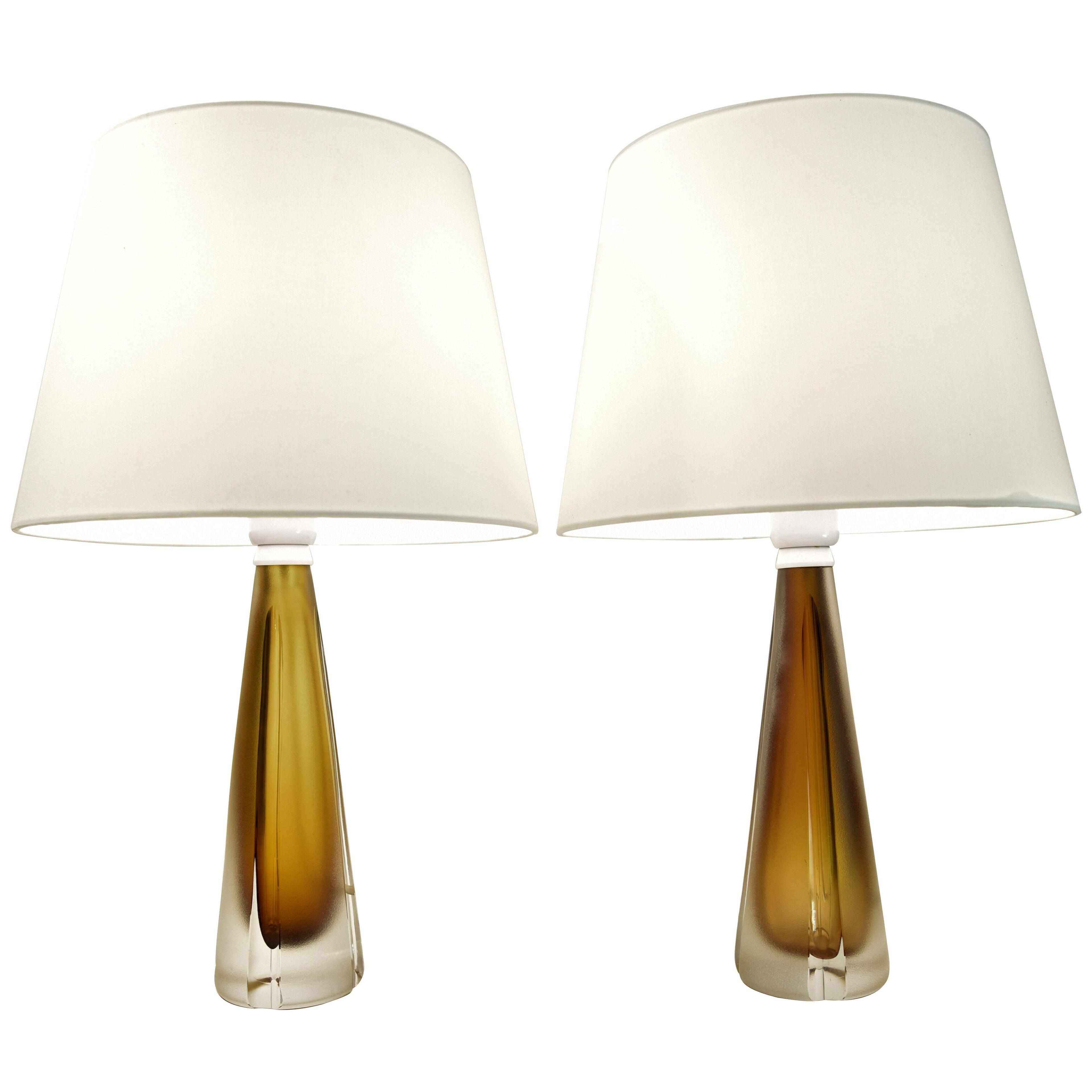 Rare Pair Swedish Modern Kosta Golden Core Frosted Artglass Table Lamps