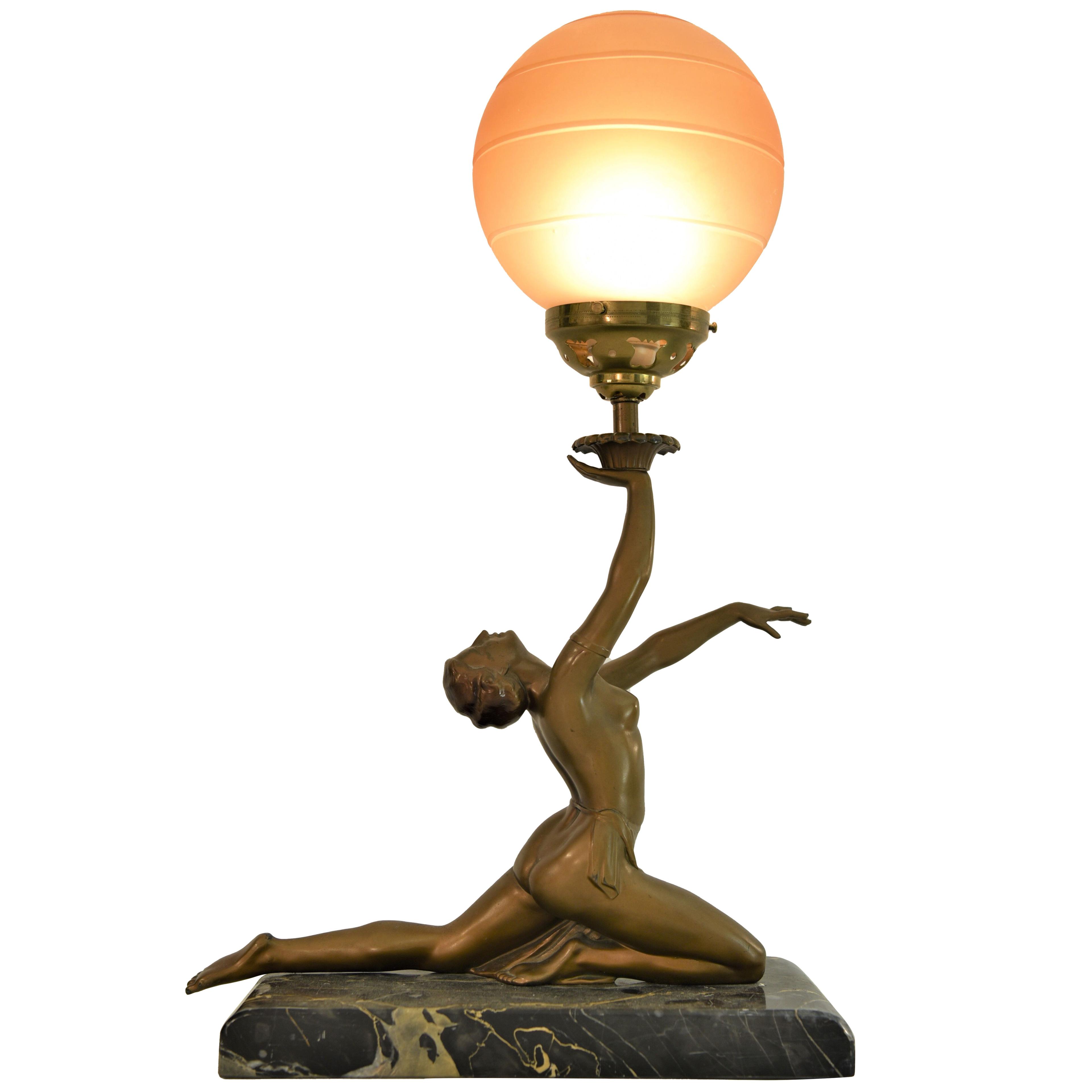 Art Deco Bronzepatinated Metal And Marble Table Lamp 1930´s