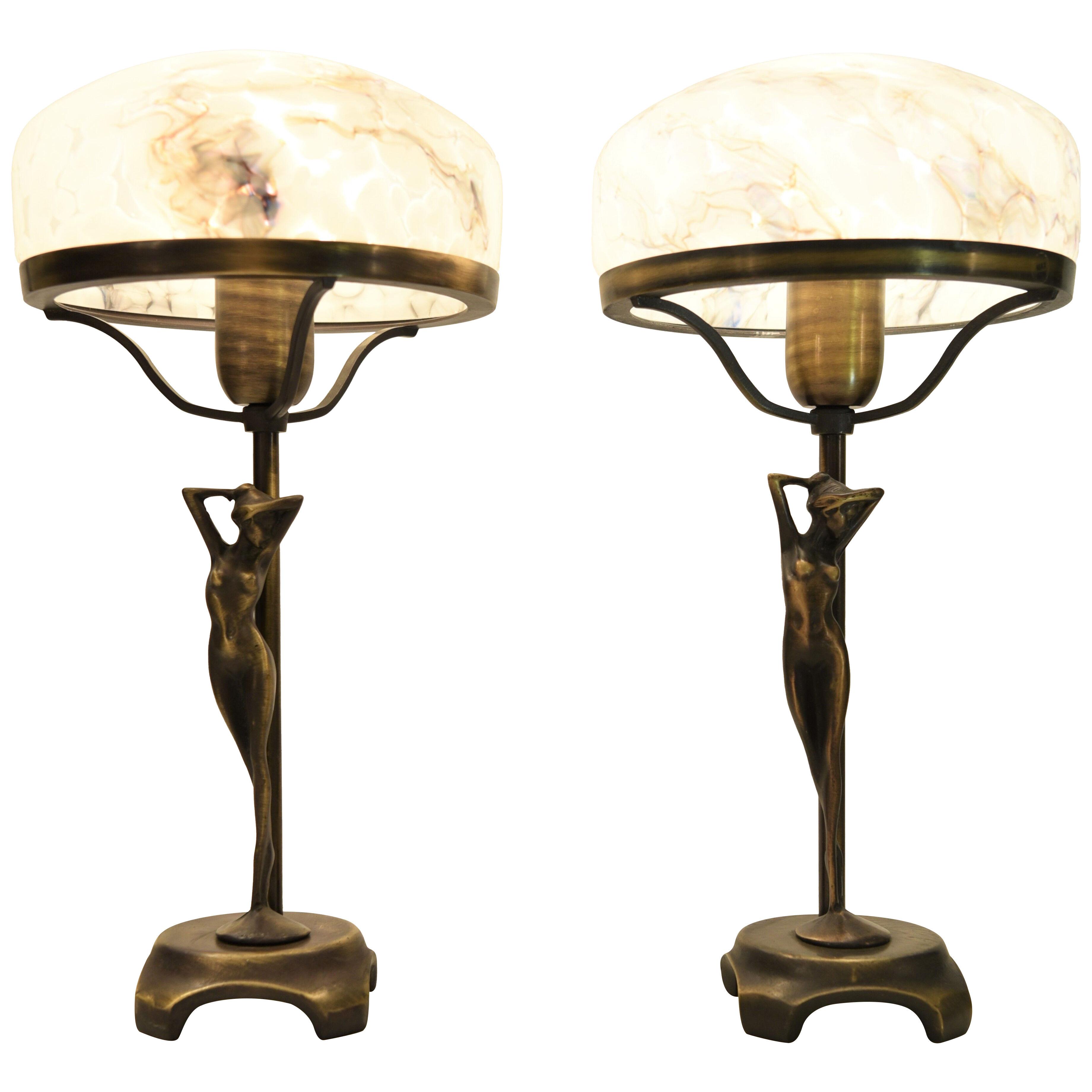 Pair Rare Bronze Art Nouveau Style Table Lamps Made by Ateljé Lyktan, Sweden.
