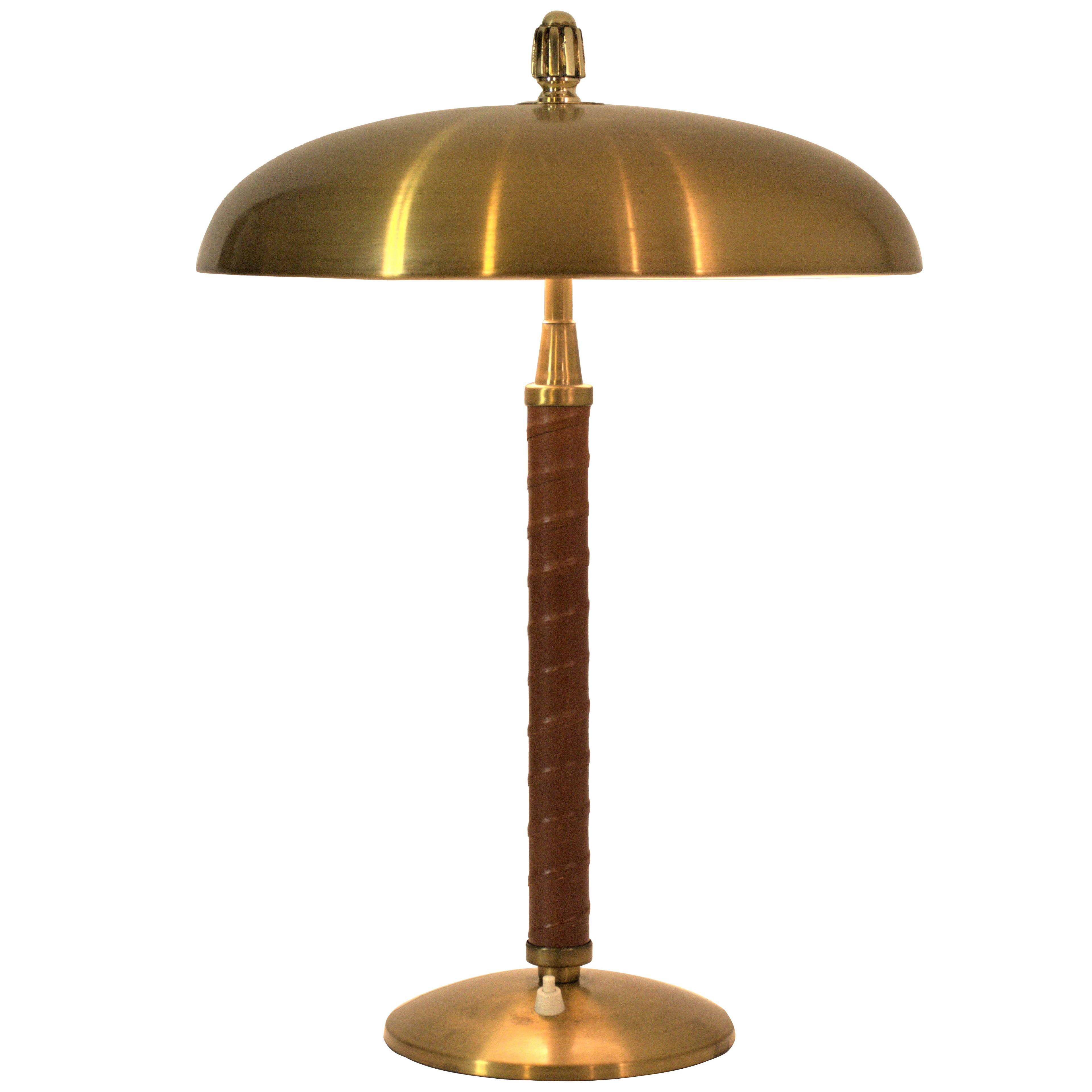 Rare Large Swedish Grace Brass and Leather Table Lamp by Einar Bäckström, 1930´s