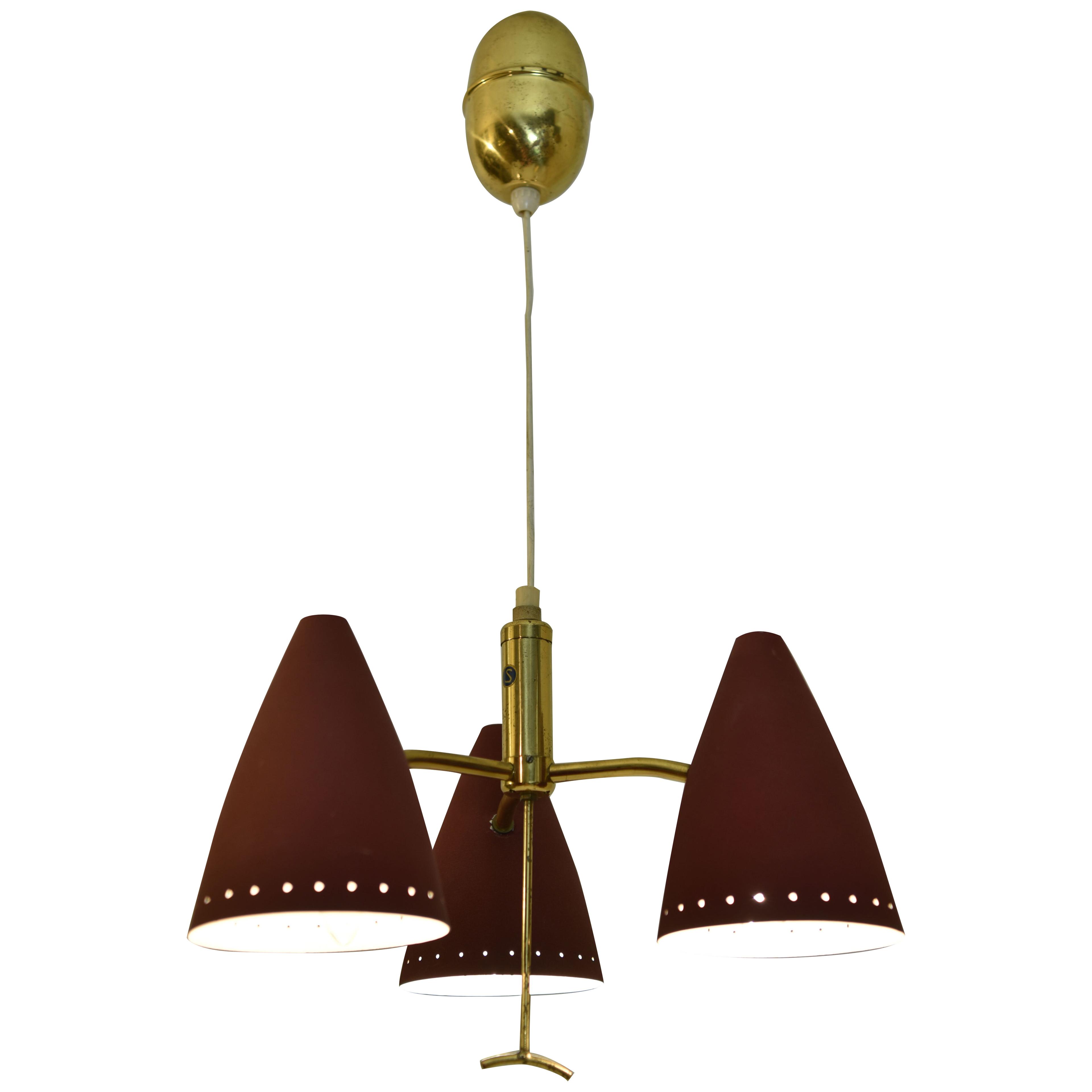 Rare Swedish Tripple Pendant Lamp with Elevator Function 1950´s