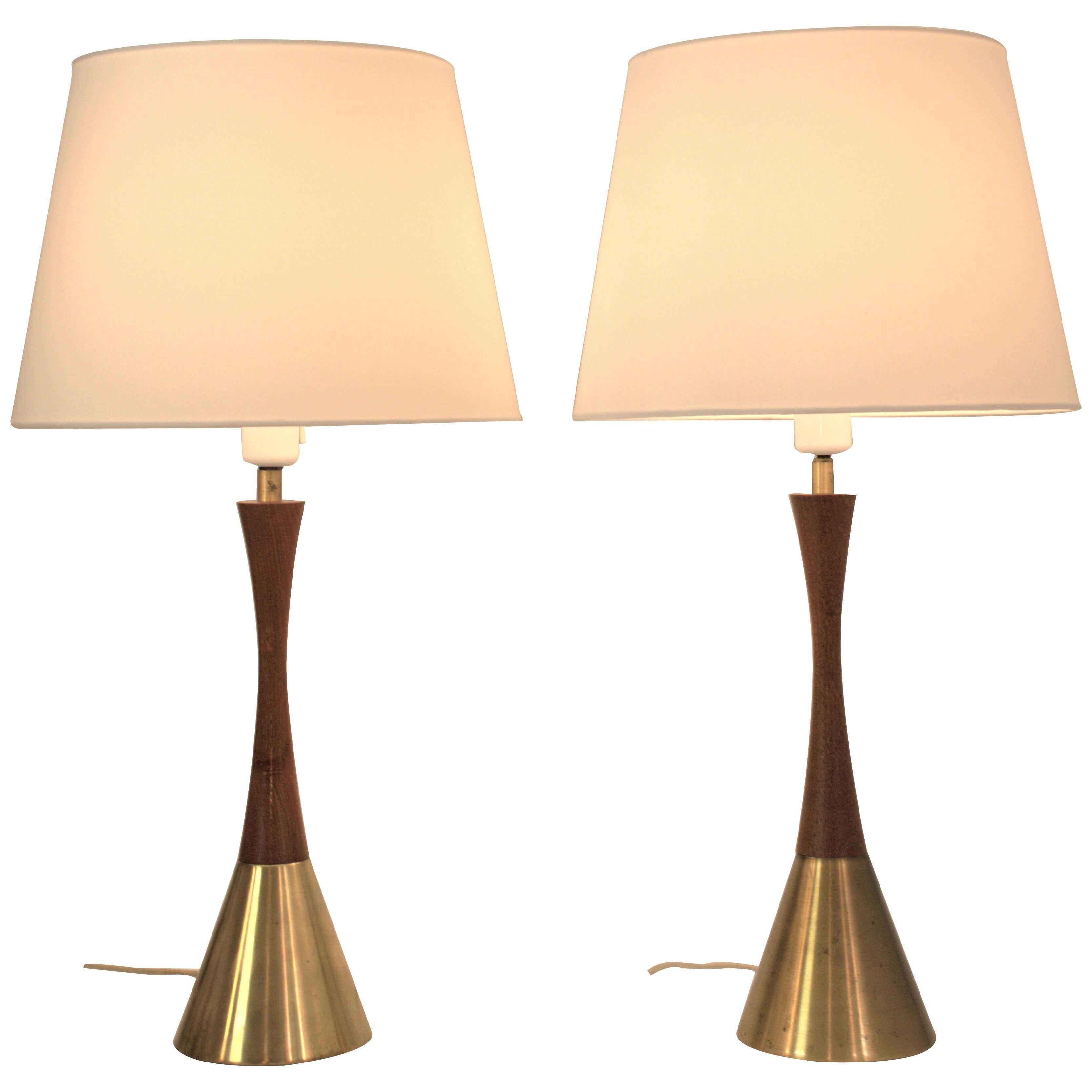 Pair Swedish Modern Teak and Brass Table Lamps, Made in Denmark for Bergboms