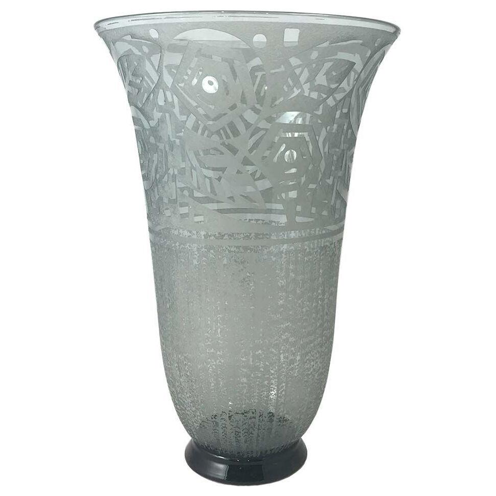Art Deco large geometric acid etched grey glass vase by Daum
