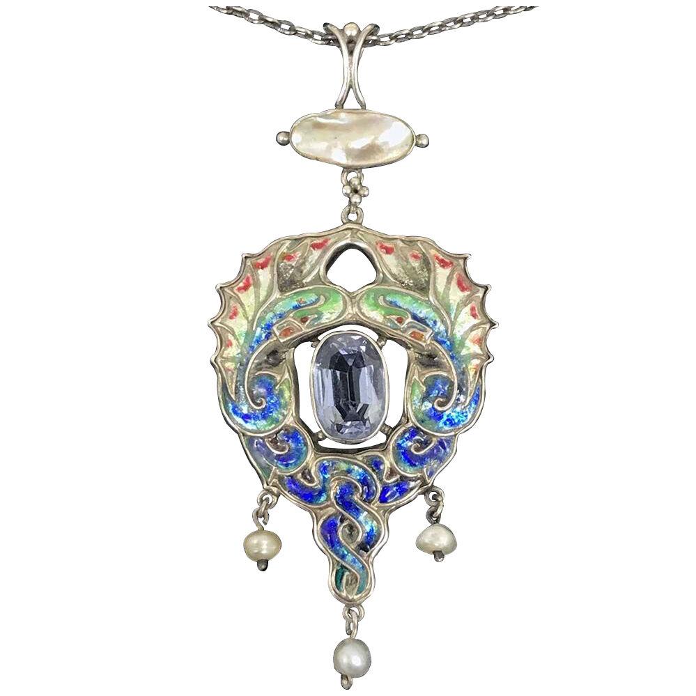 Arts & Crafts silver, enamel, sapphire + pearl dragon pendant, James Cromar Watt