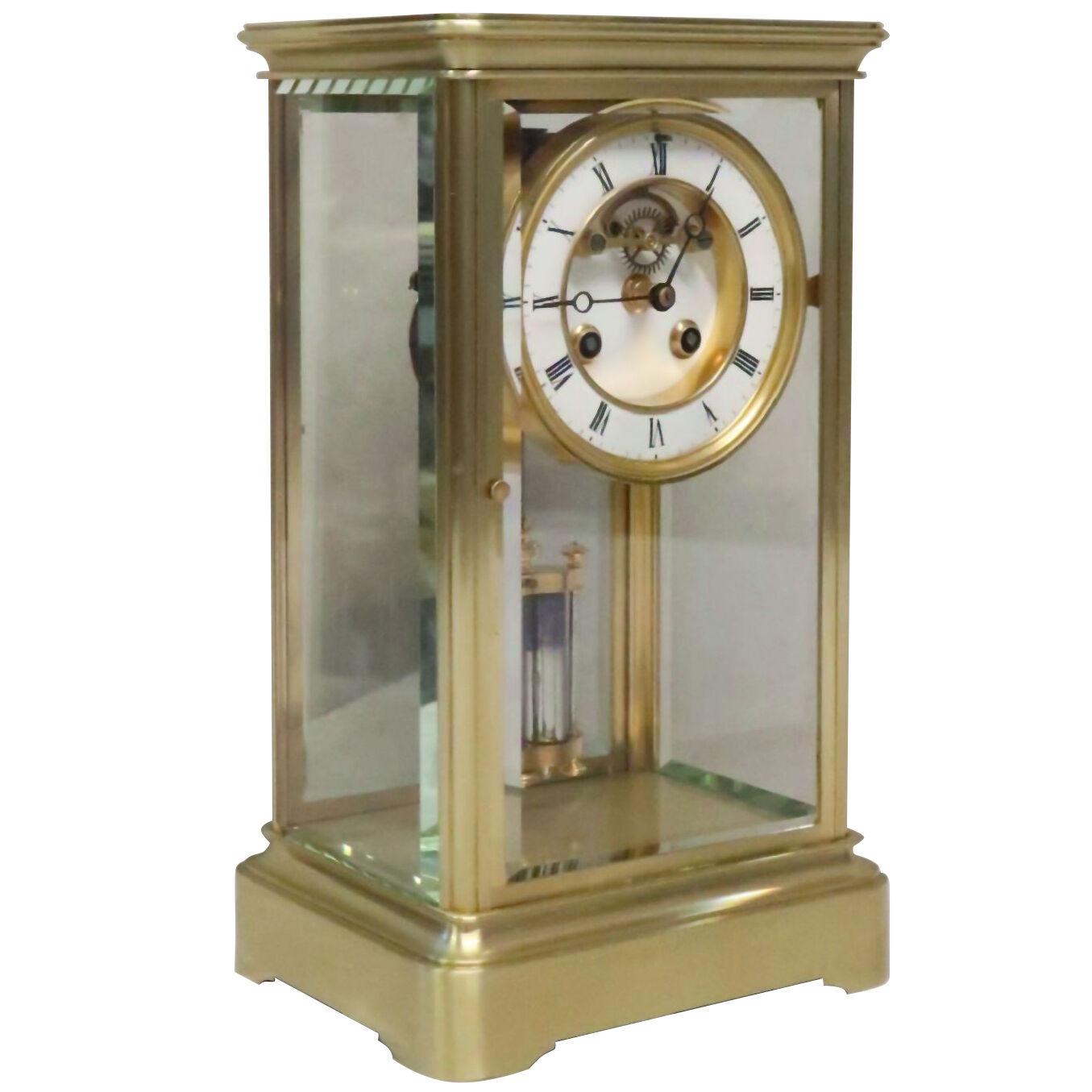 French Belle Epoque Brass Four Glass Mantel Clock