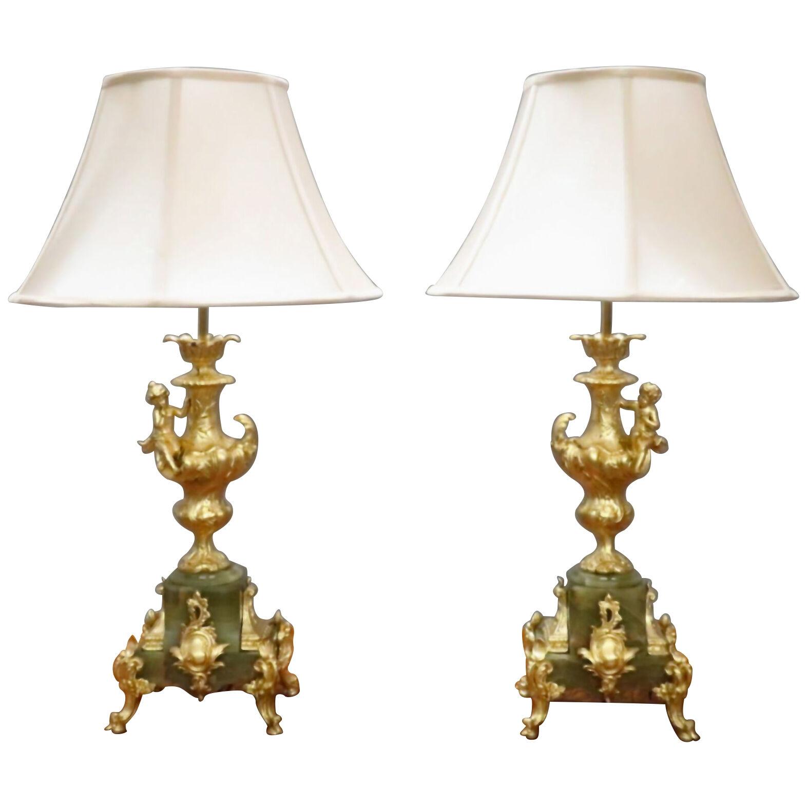 Pair of French Louis XV Style Gilt and Onyx Table Lamps