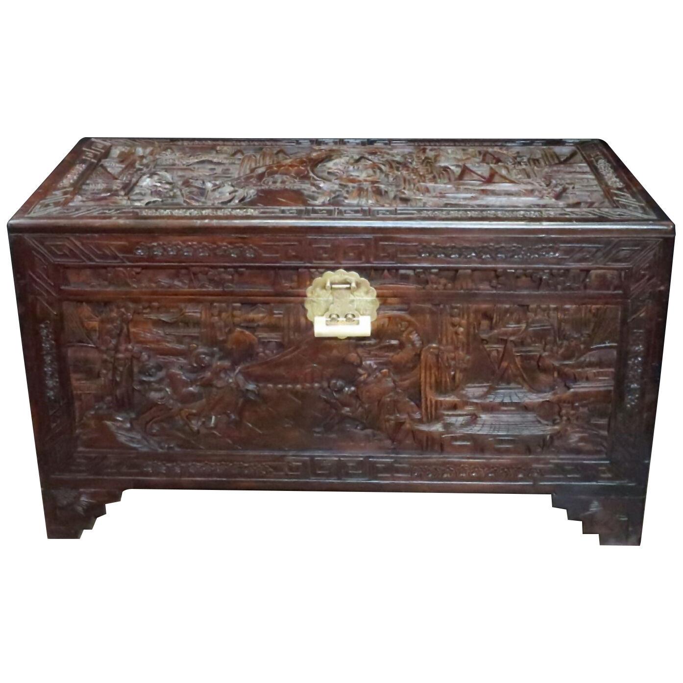 Early 20th Century Oriental Carved Camphor Wood Chest