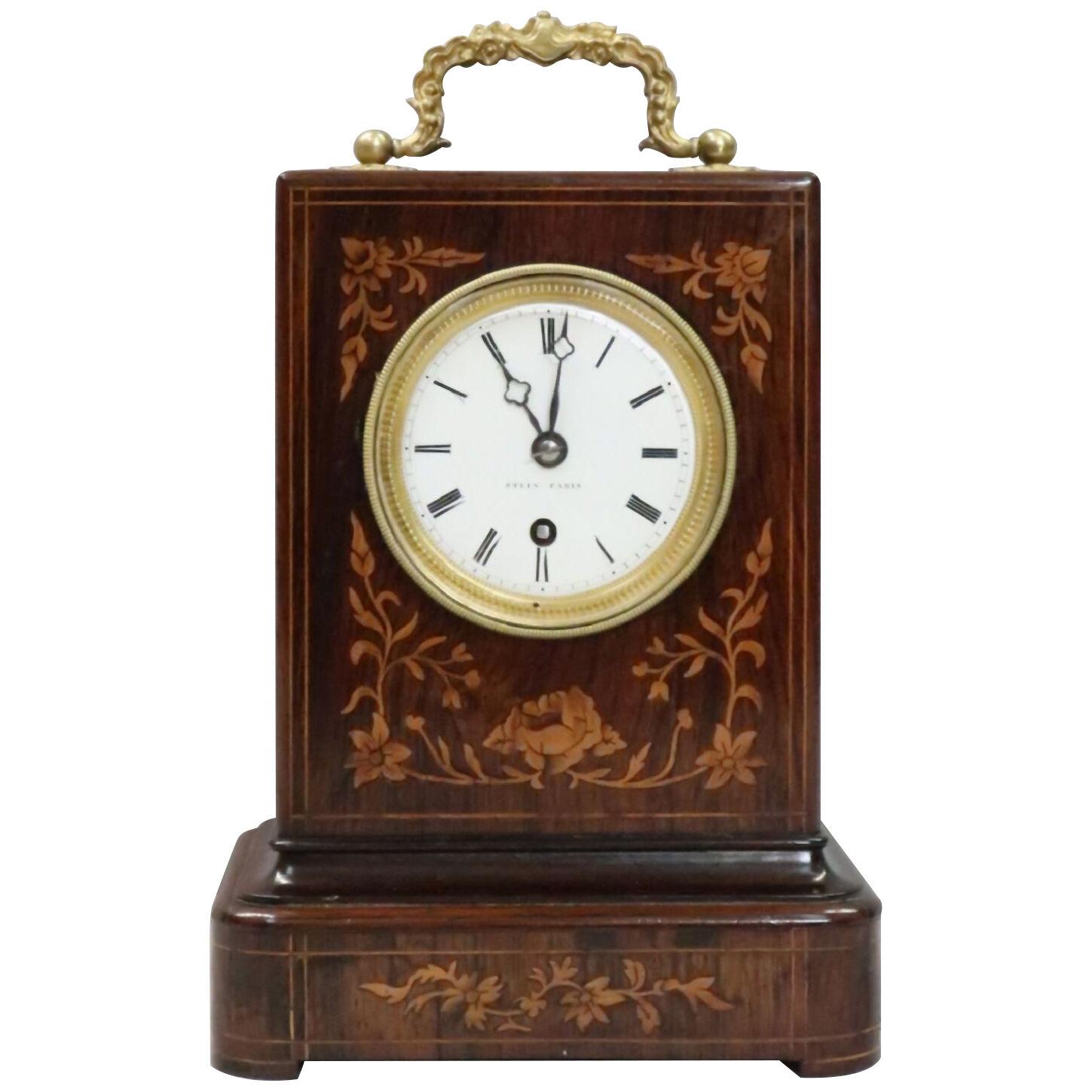 French Napoleon III Rosewood Campaign Mantel Clock by Stein