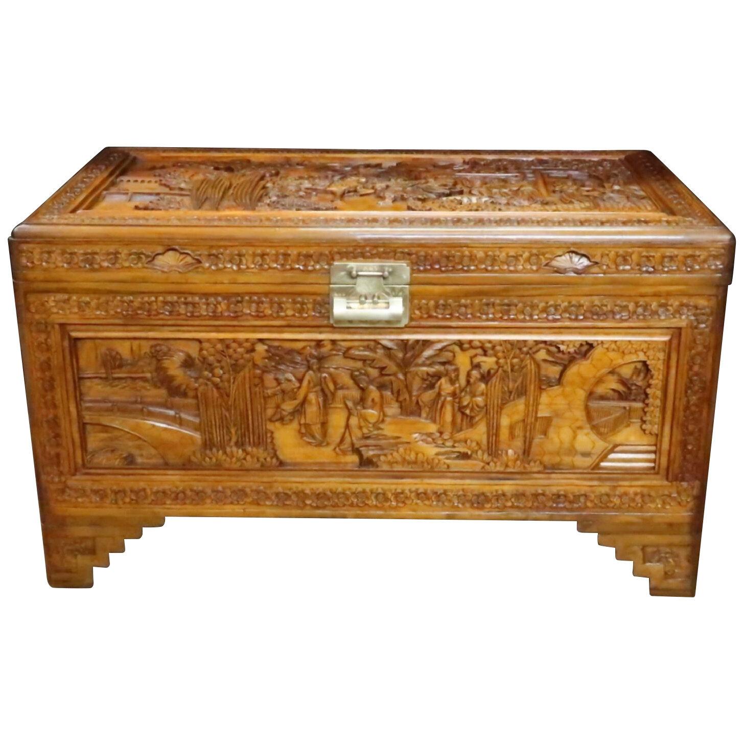 Early 20th Century Oriental Carved Maple and Camphor Wood Chest