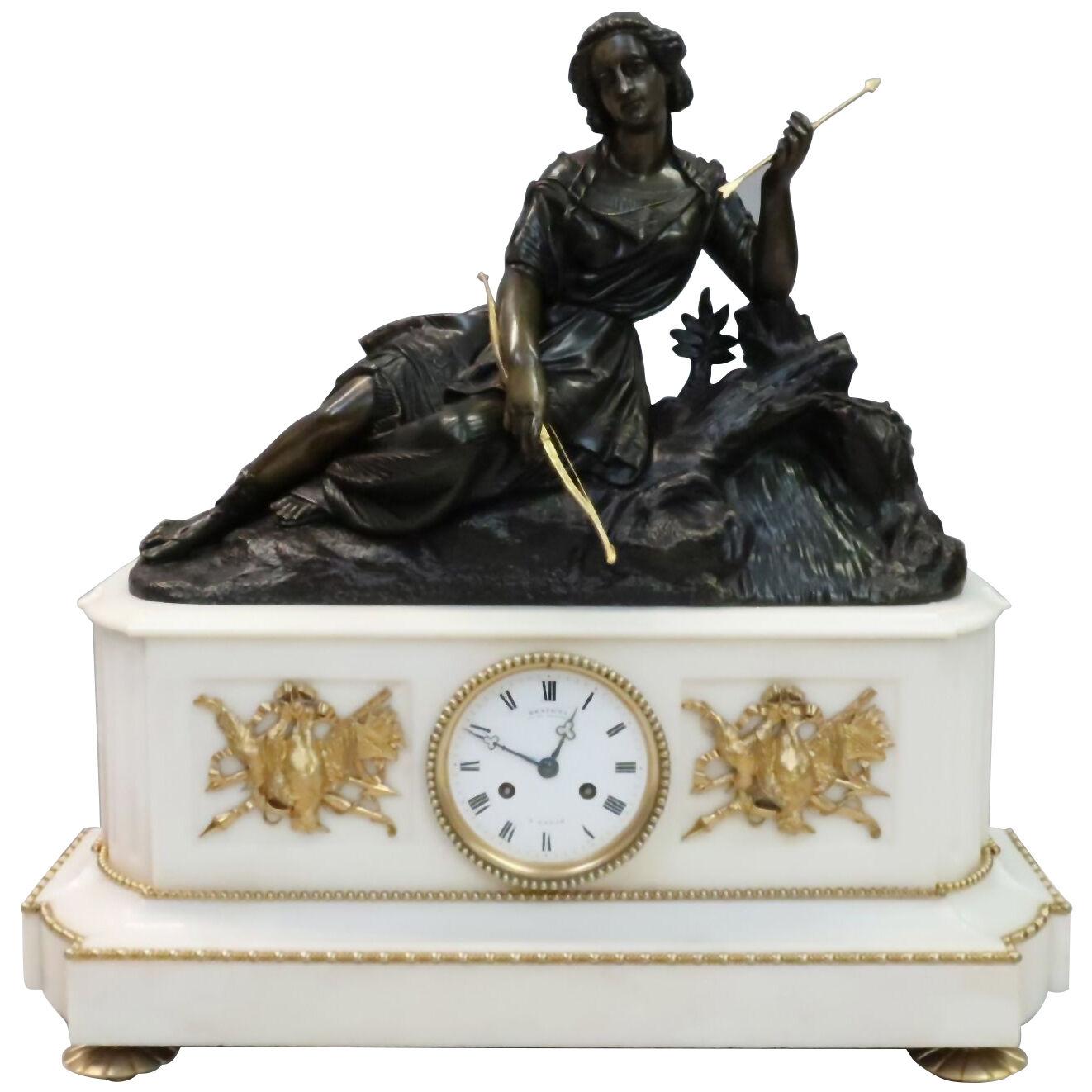 French Napoleon III Bronze Mantel Clock by Deniere and Cailleaux