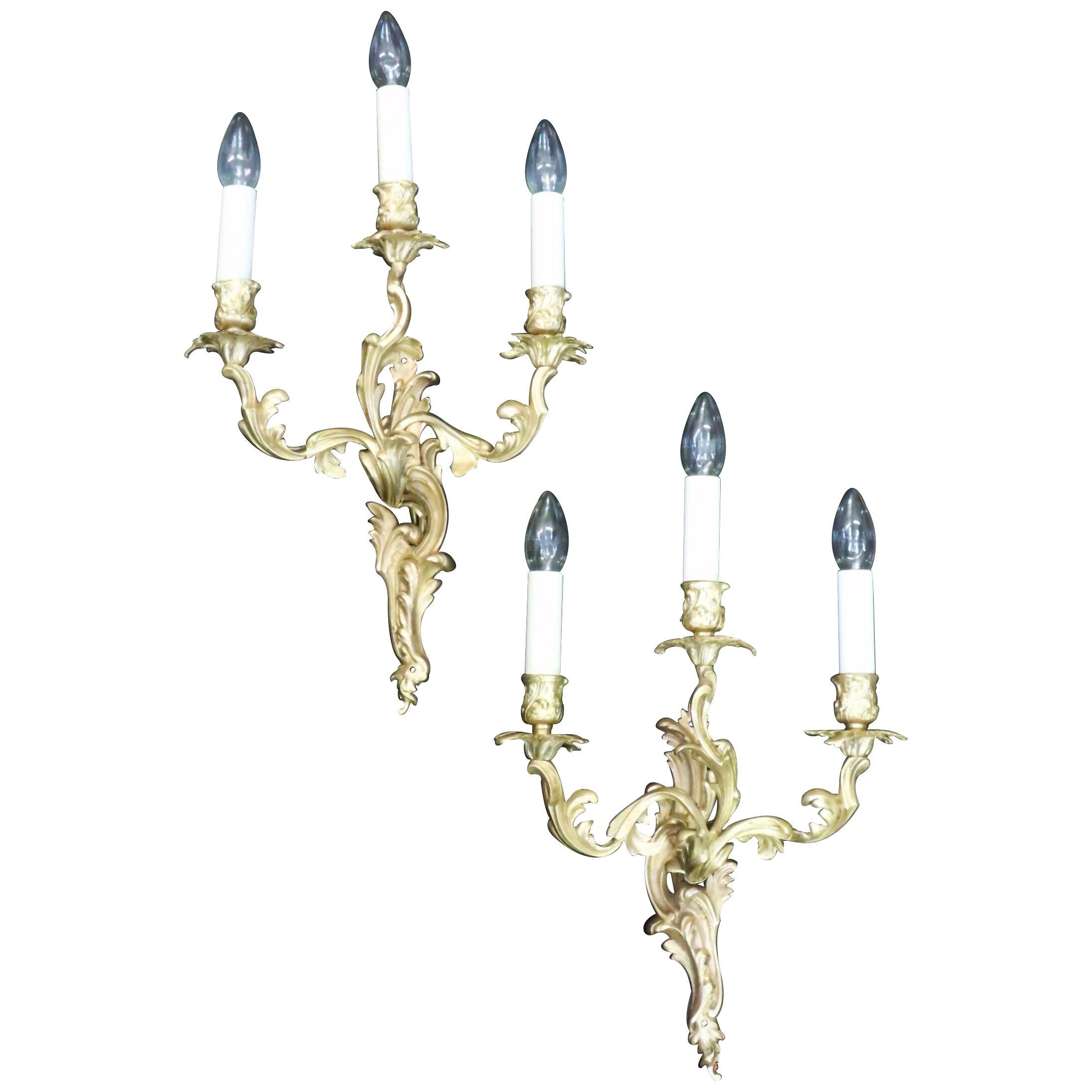 Pair of French Rococo Style Bronze Gilt Wall Lights