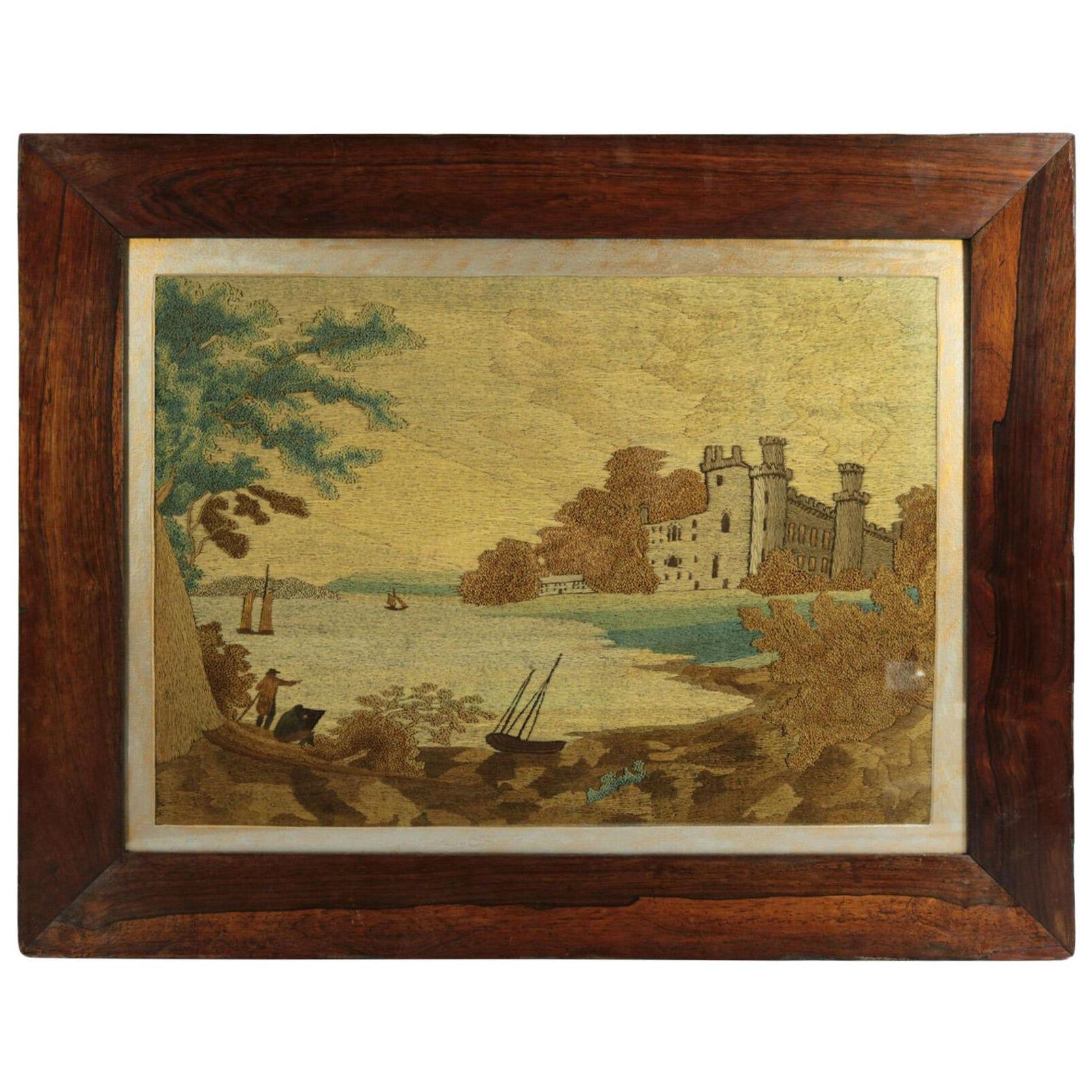 Georgian Woolwork Embroidered Picture, Castle by a Lake