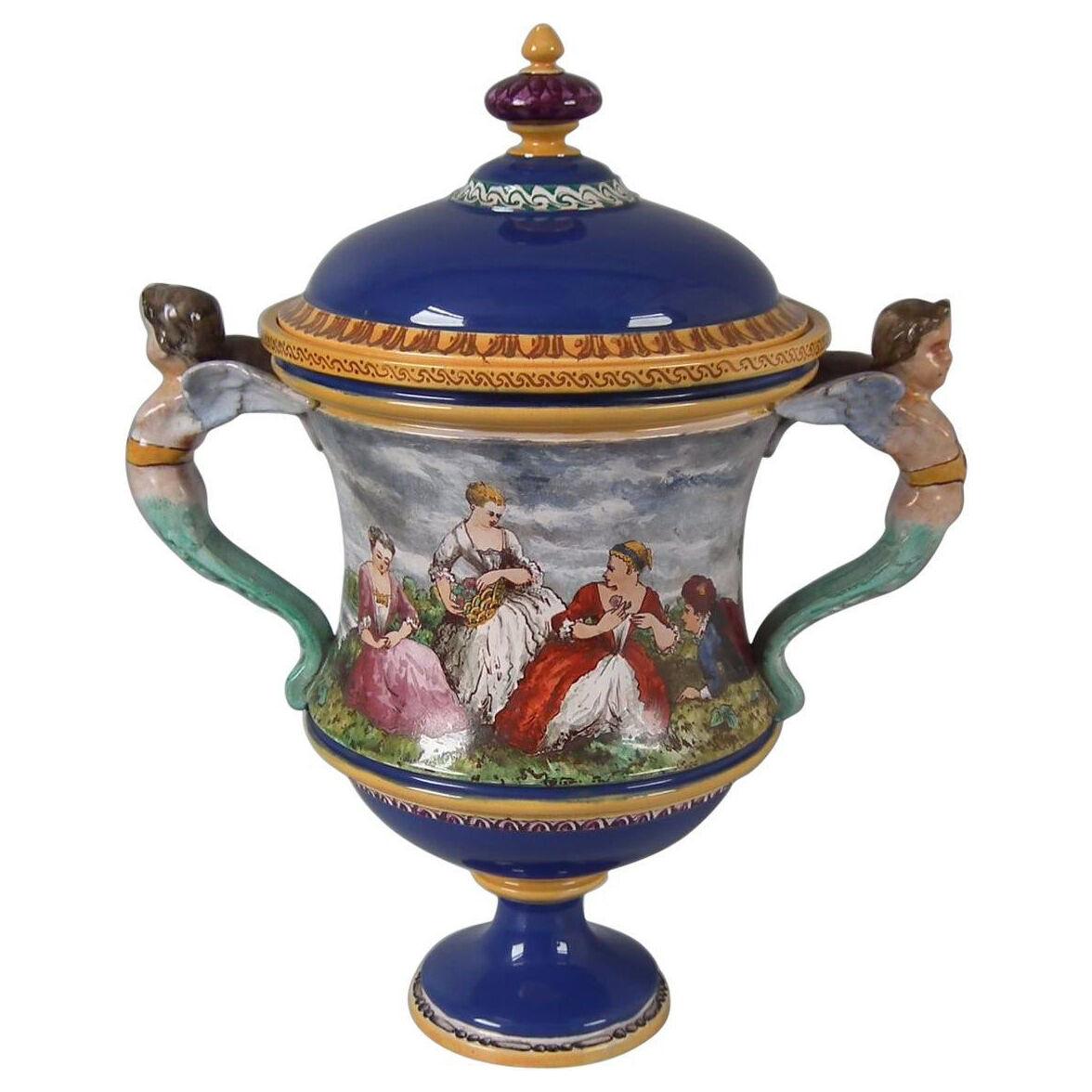 Minton Tin-Glazed Majolica Pictorial Lidded Vase