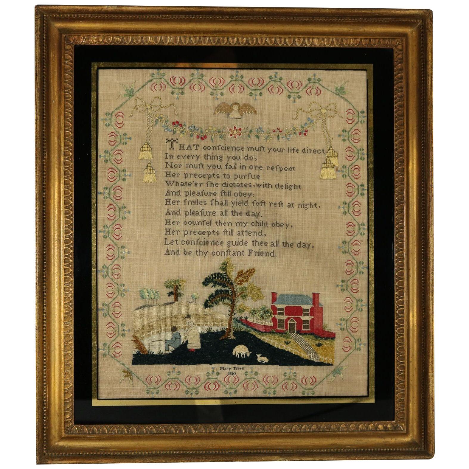 Georgian Sampler, 1810, by Mary Peers with Country Scene