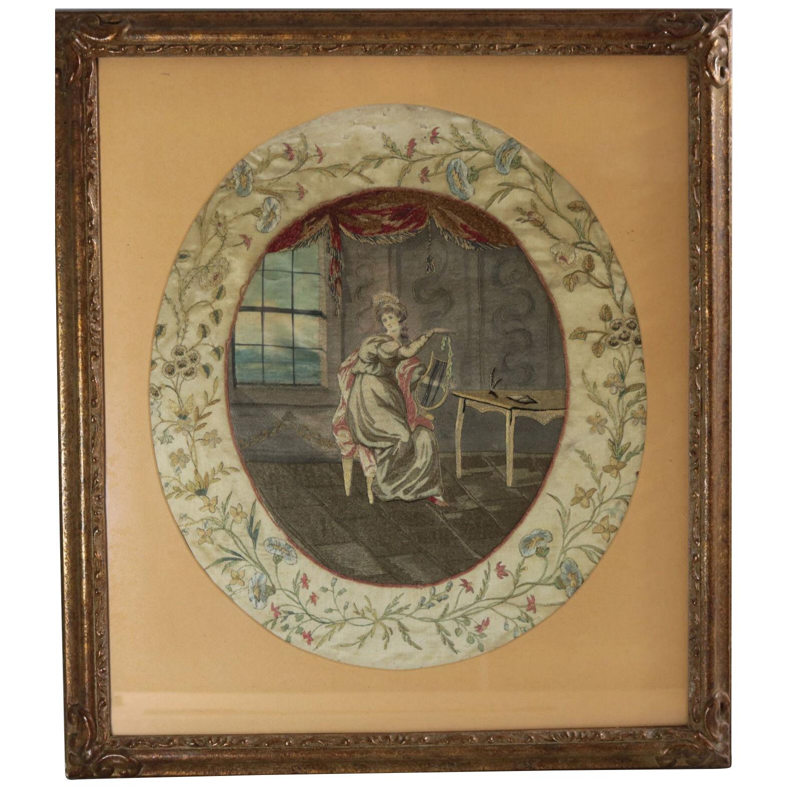 Antique Georgian Silkwork Embroidery - Girl with Lyre