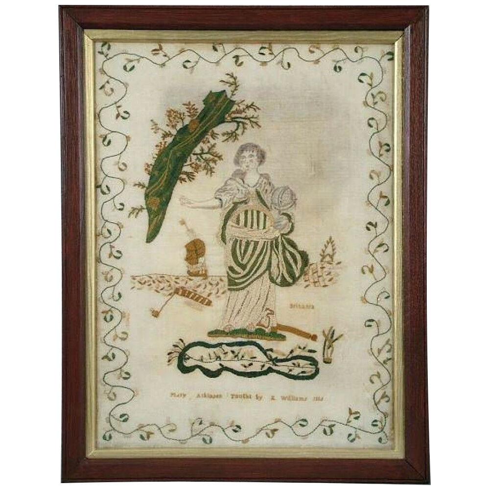 Antique Sampler, 1816 Silkwork 'Britania' Sampler by Mary Atkinson