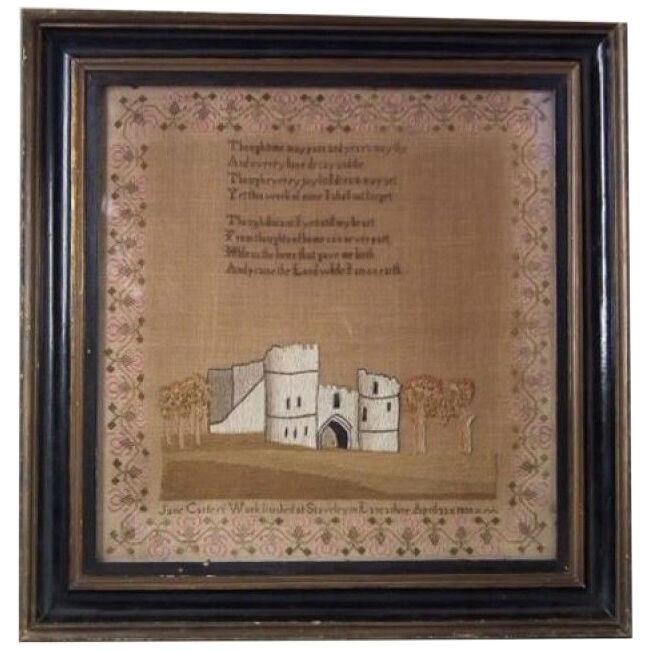 Antique Sampler, 1830 Castle Sampler Jane Carter