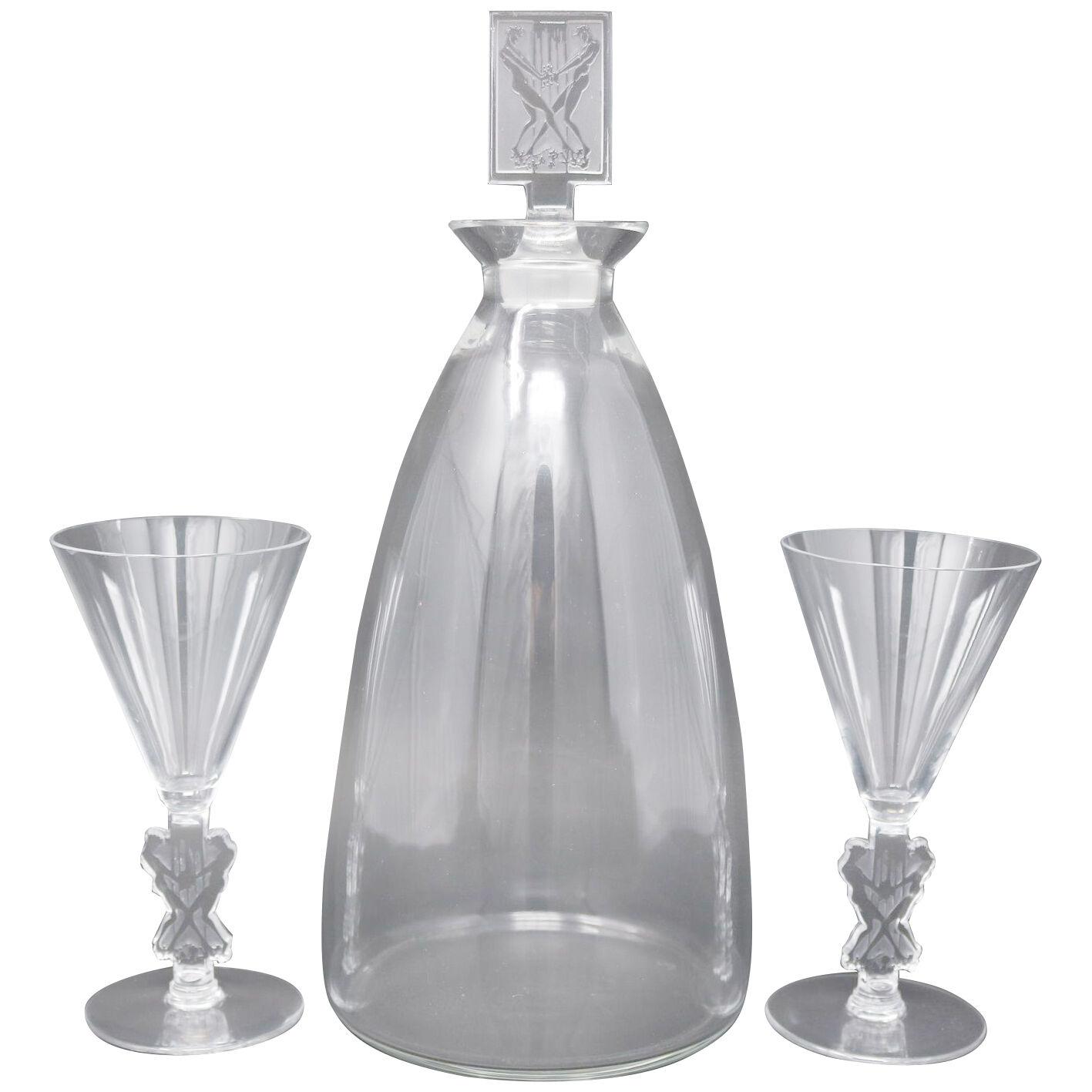 Rene Lalique Glass 'Strasbourg' Decanter with 2 Glasses
