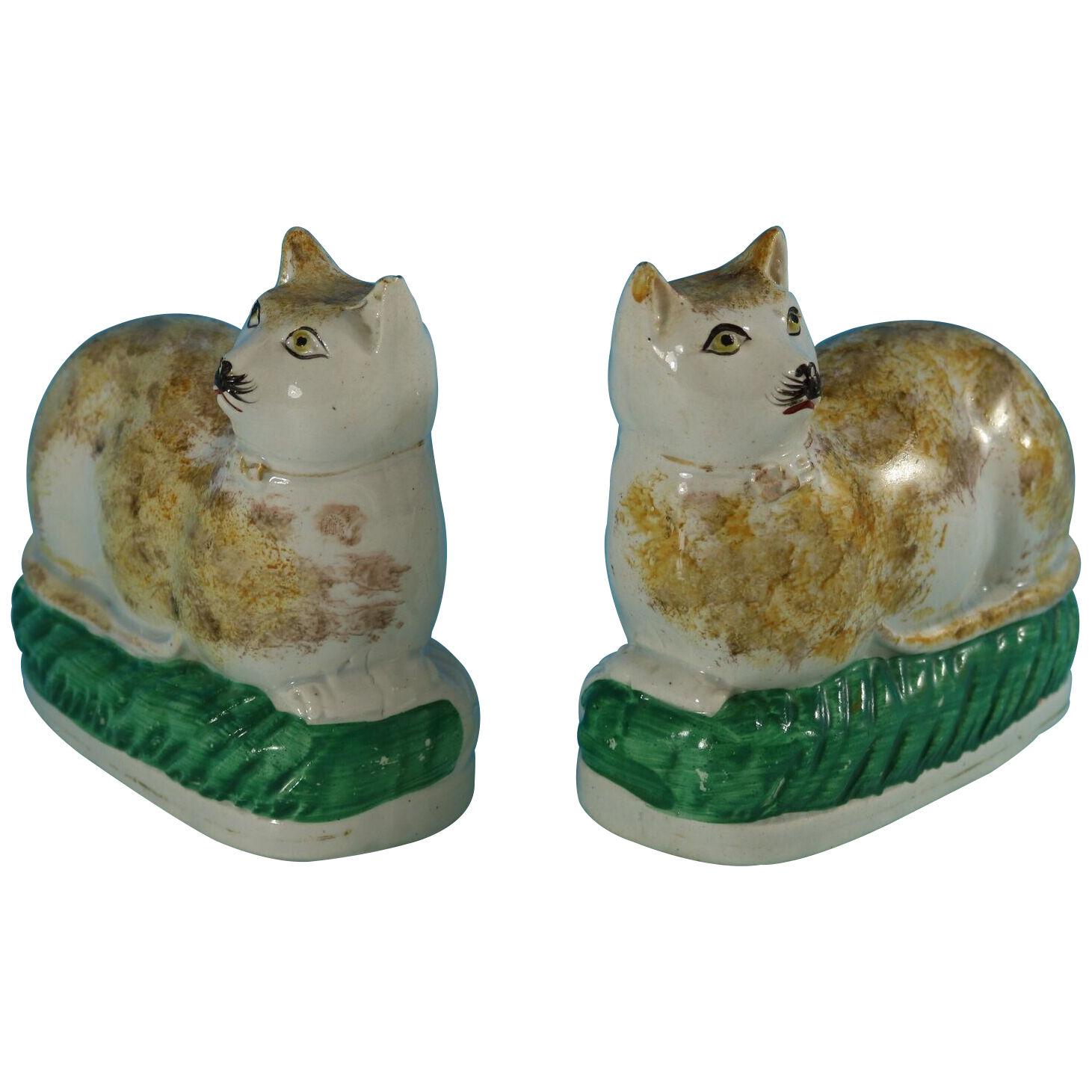 Rare Pair Staffordshire Pottery Cats on Cushions