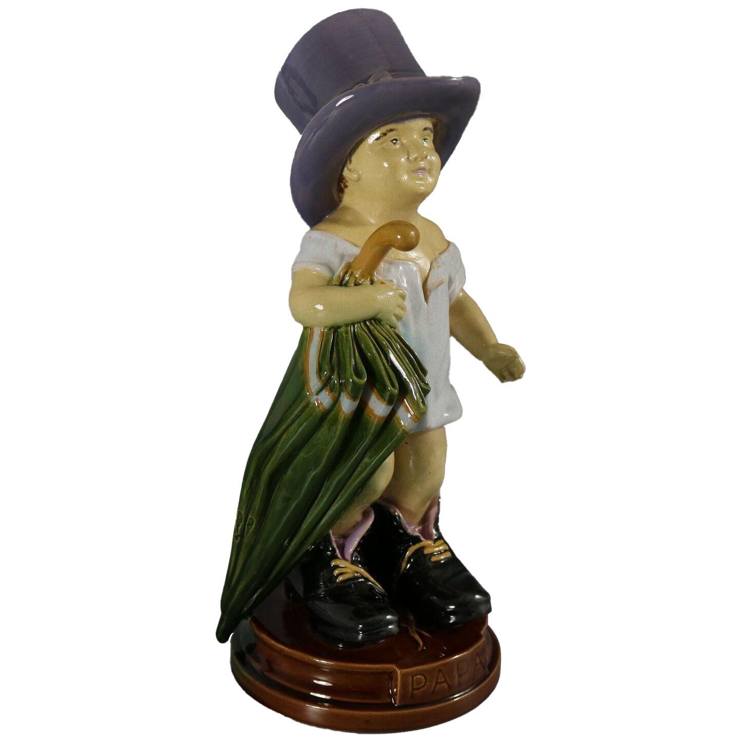 Brownfield Majolica Figure of a Child, Titled PAPA