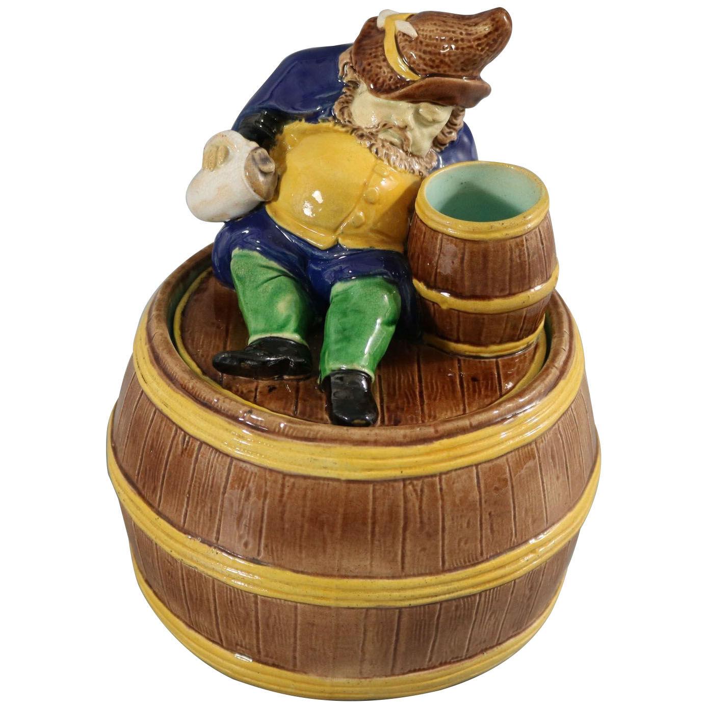English Majolica Dwarf on Barrel Jar And Cover