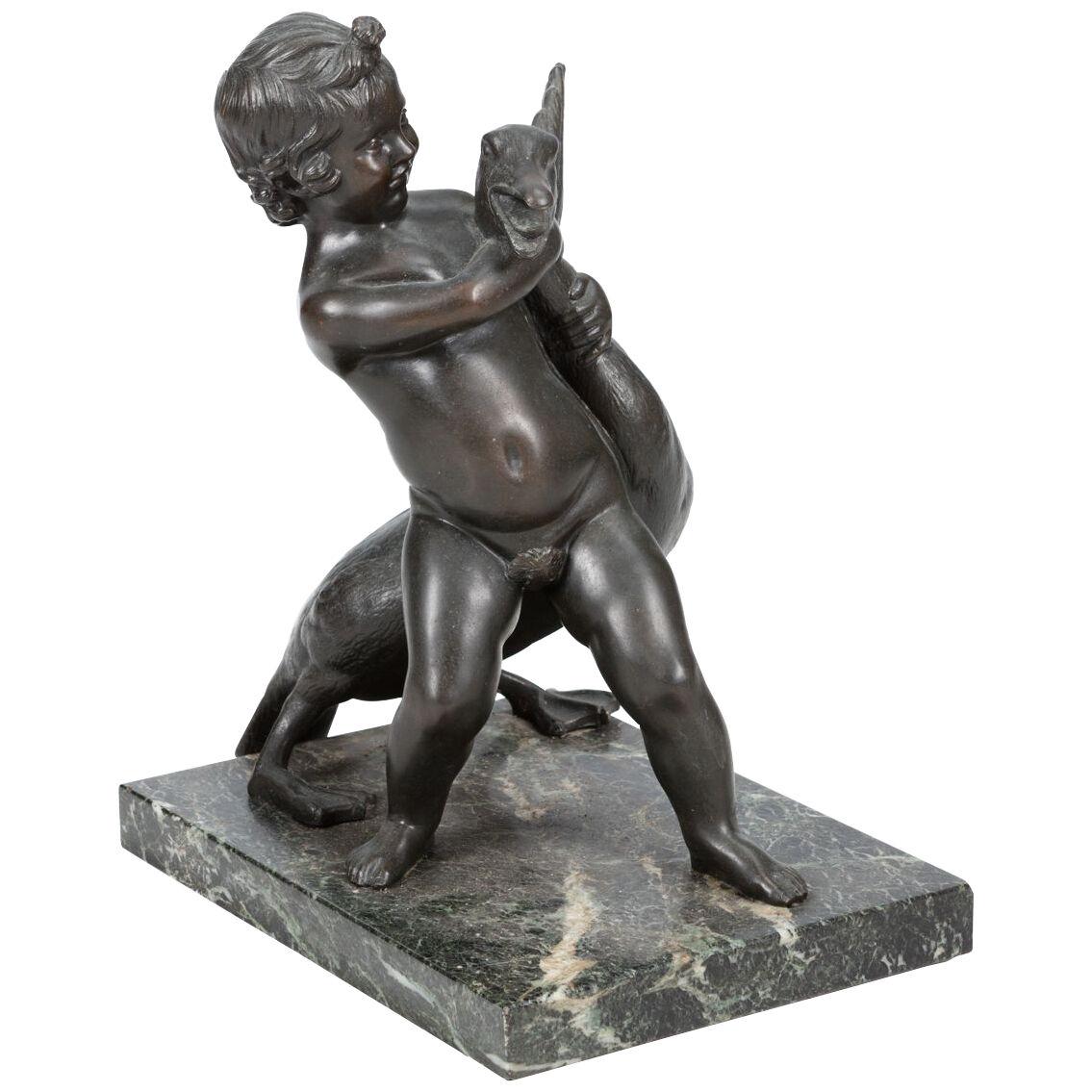 Early 20th Century Bronze of Boy with a Goose, after the Antique