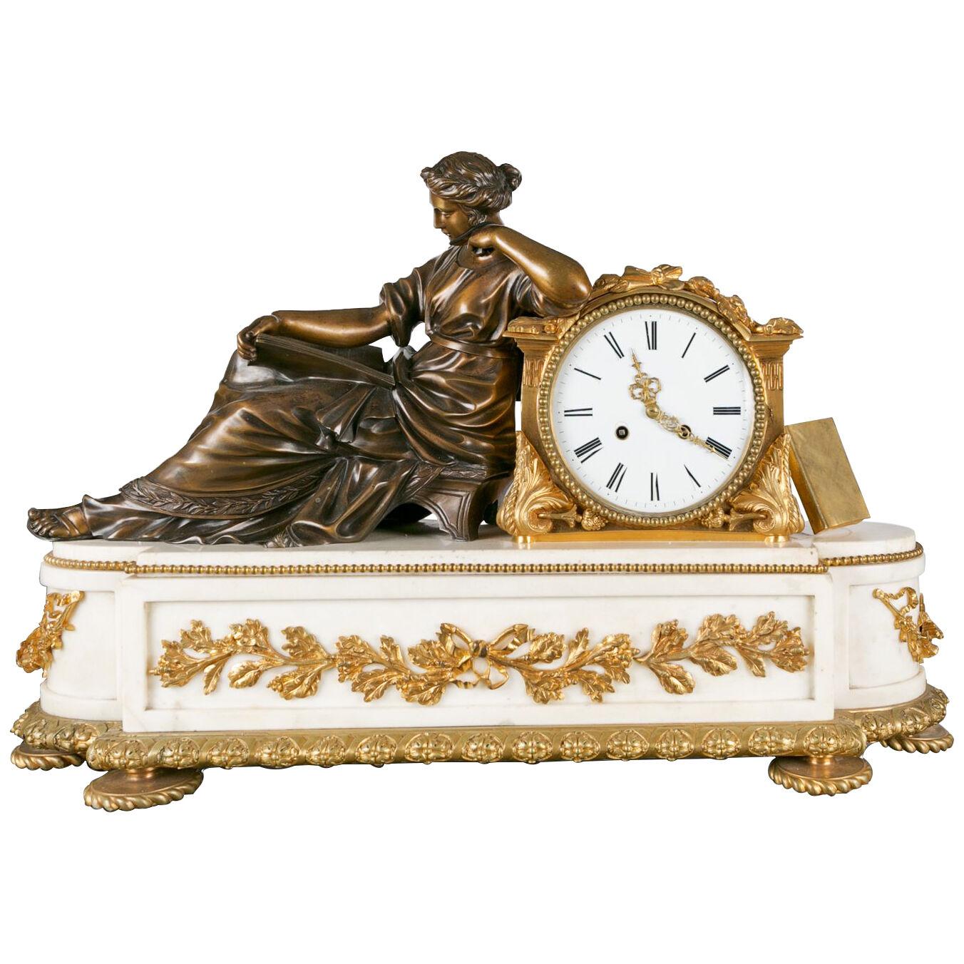 19th Century Neoclassical Marble and Gilt Bronze Figural Mantle Clock