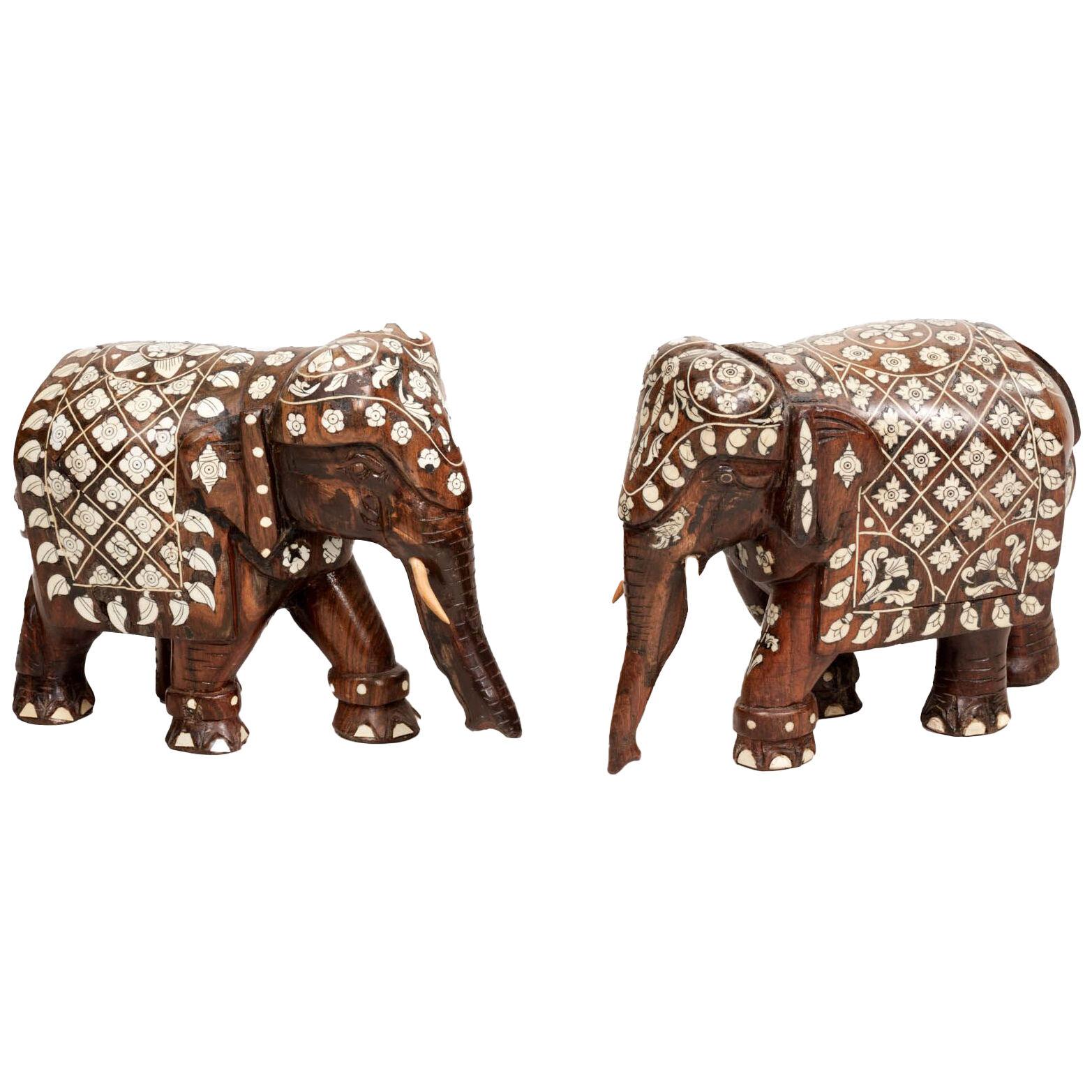 19th Century Pair Anglo-Indian Rosewood Elephants With Bone Inlay
