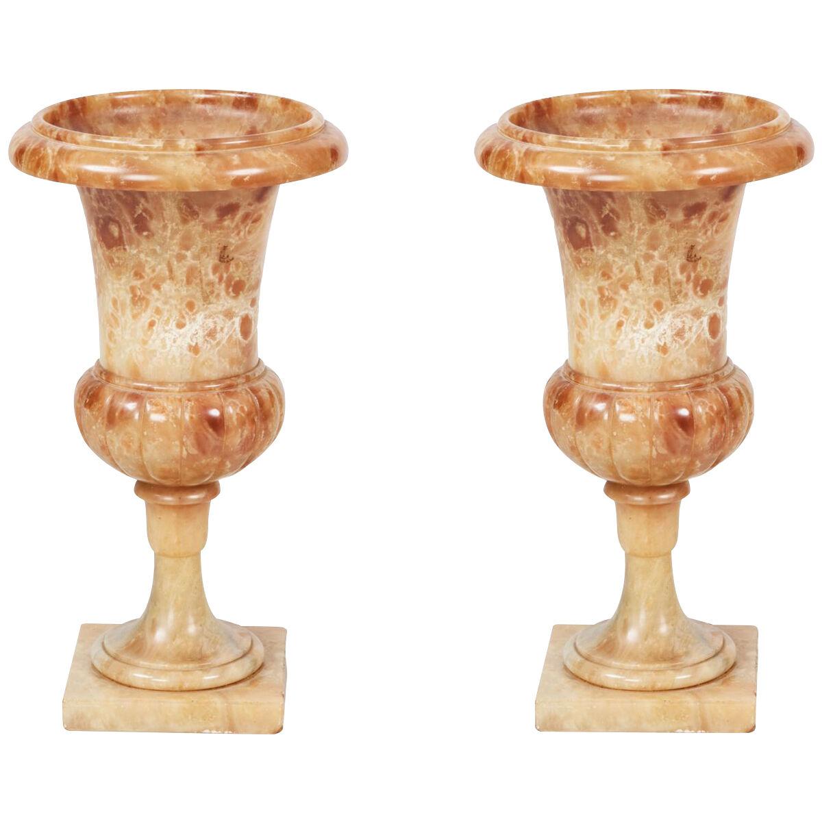 19th Century pair of Italian hand-carved alabaster urns converted to lamps
