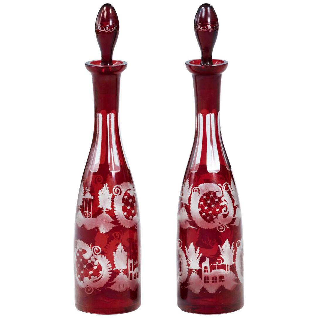 19th Century Pair Egermann Bohemian Czech Ruby Glass Decanters