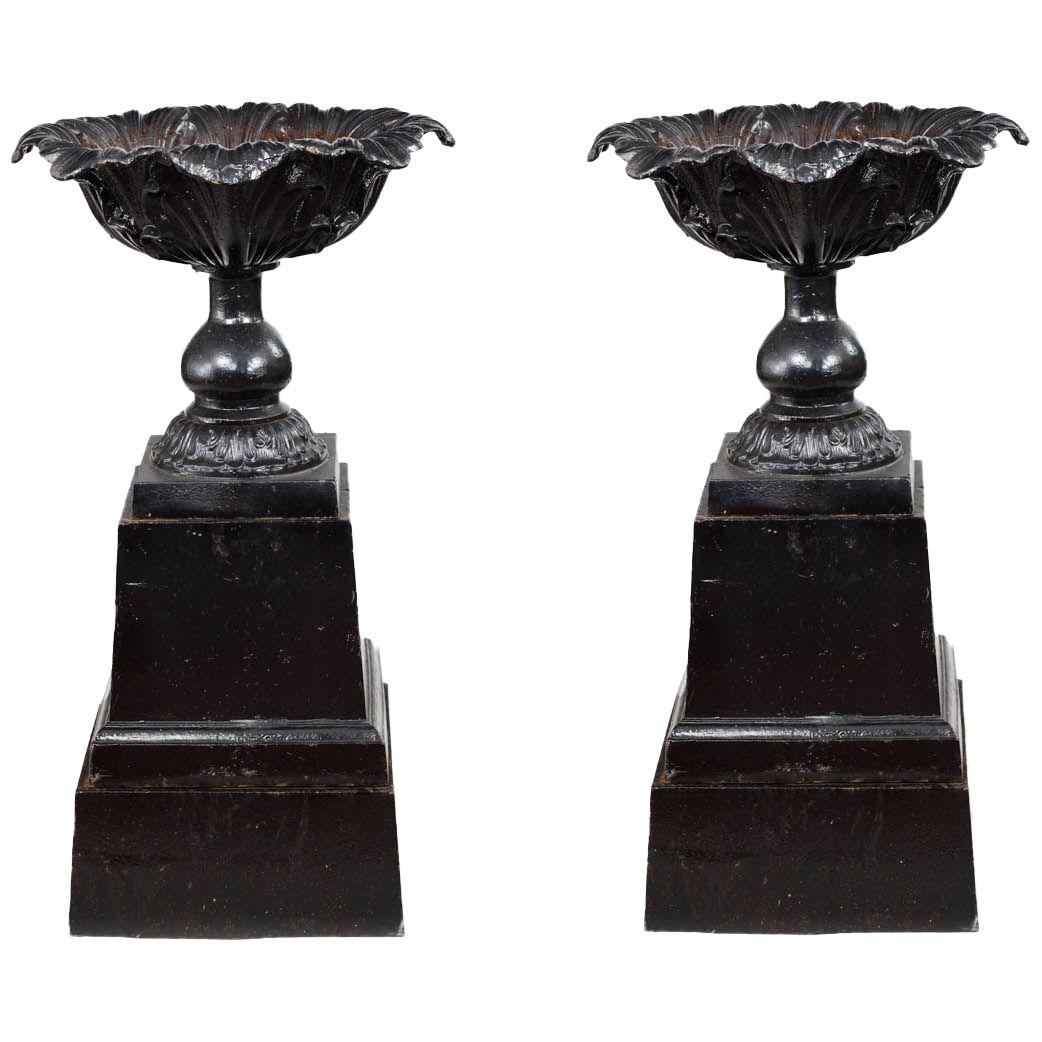 19th Century Pair of Black Cast Iron Urns