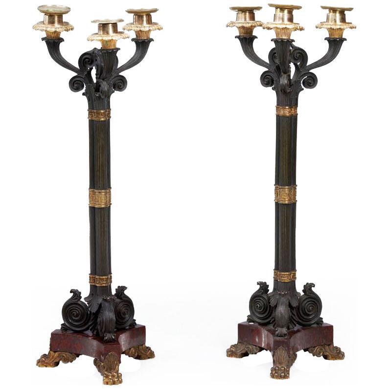 19th Century Pair Regency Bronze Three Light Candlesticks