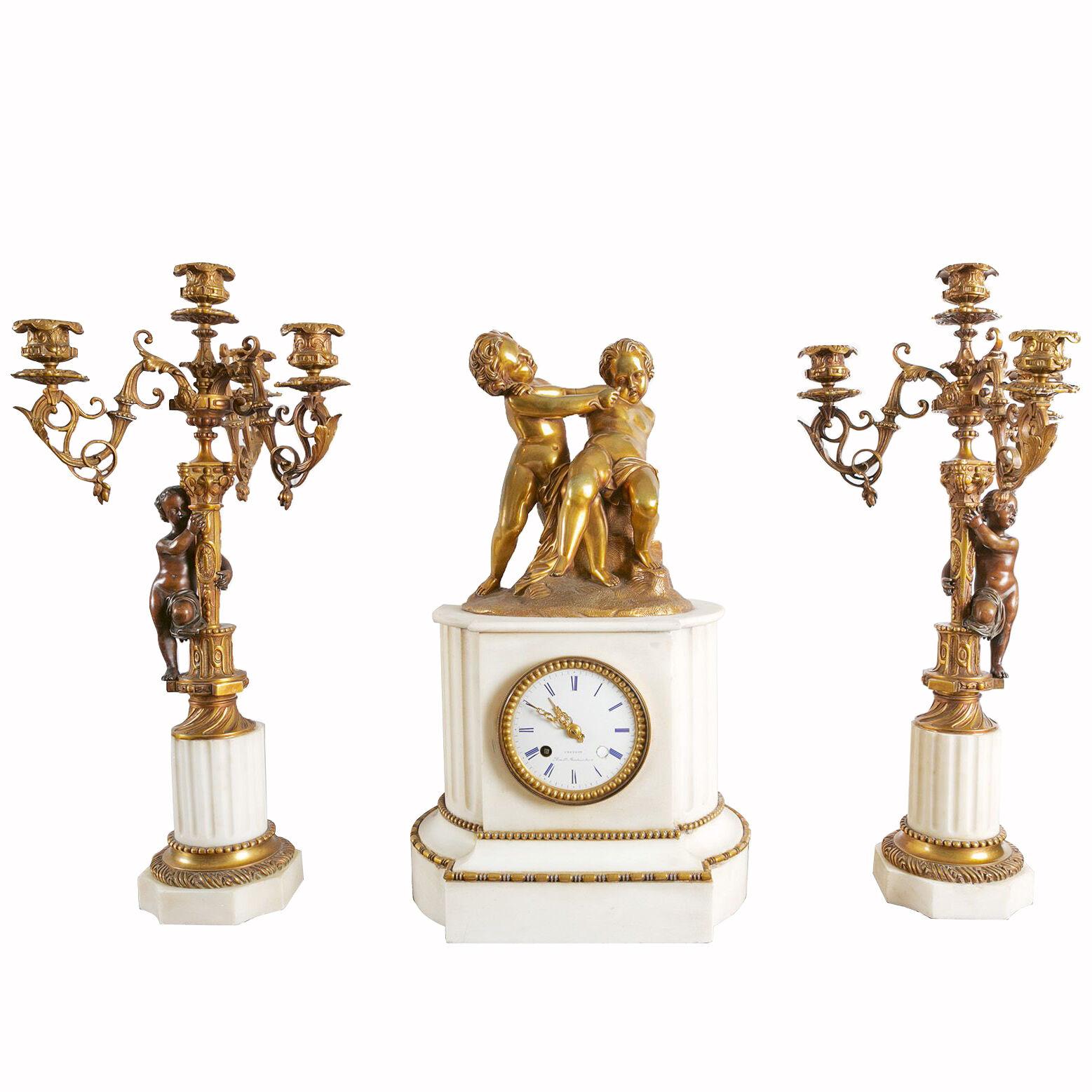 19th Century French Gilt Bronze and Marble figural Clock Garniture Set