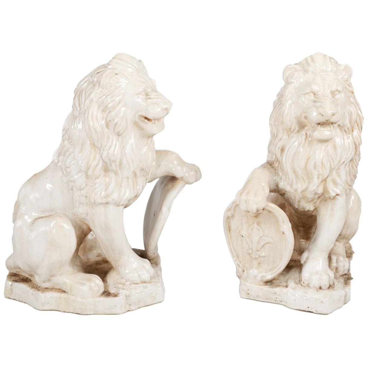 19th Century Pair of French Painted & Glazed Terracotta Lions