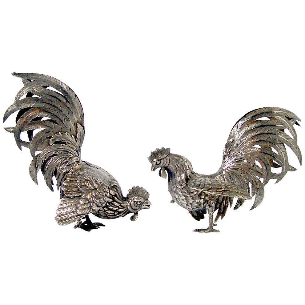 PAIR OF SILVER ROOSTERS