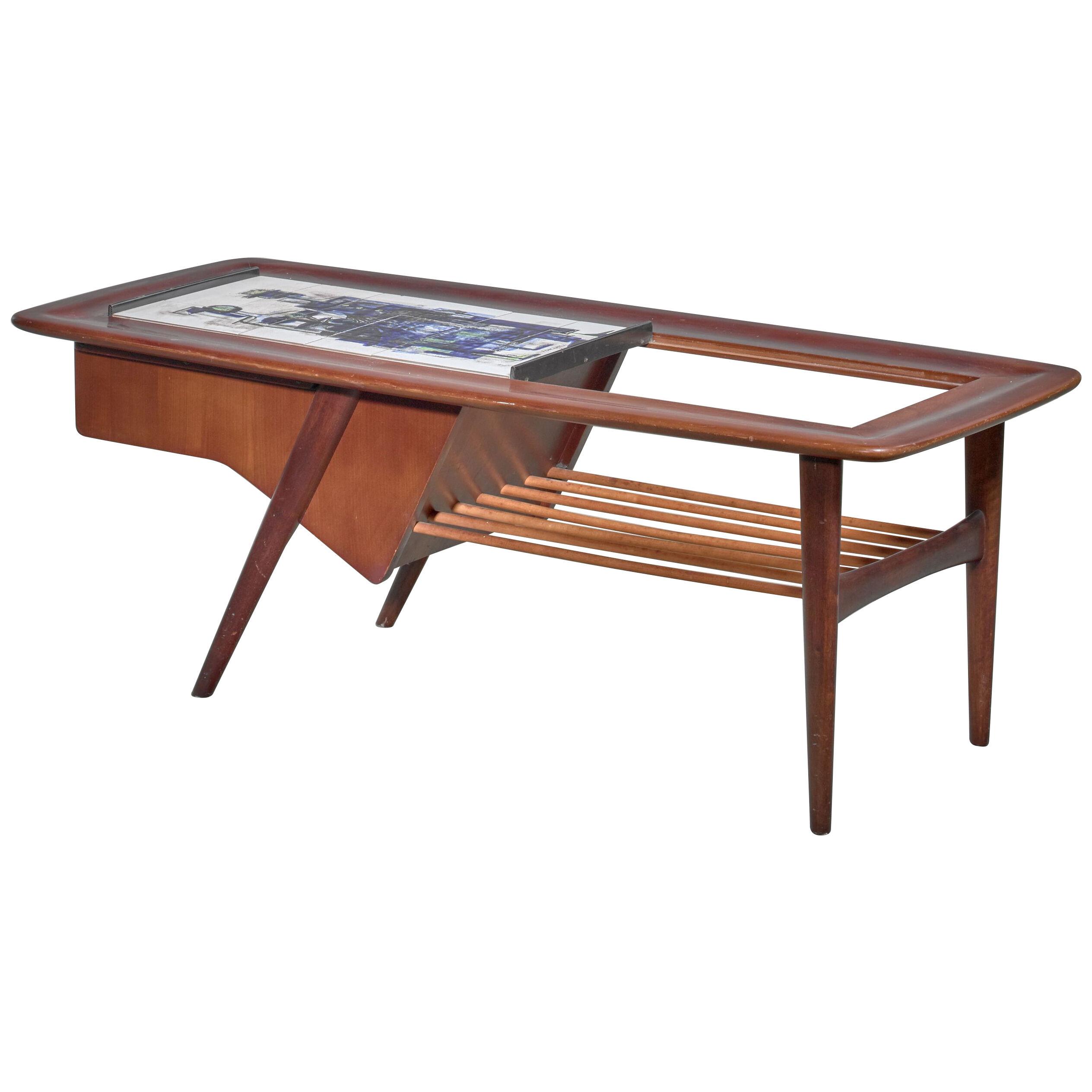 Alfred Hendrickx Rosewood Side Table with Ceramic tiles, Belgium, 1950s