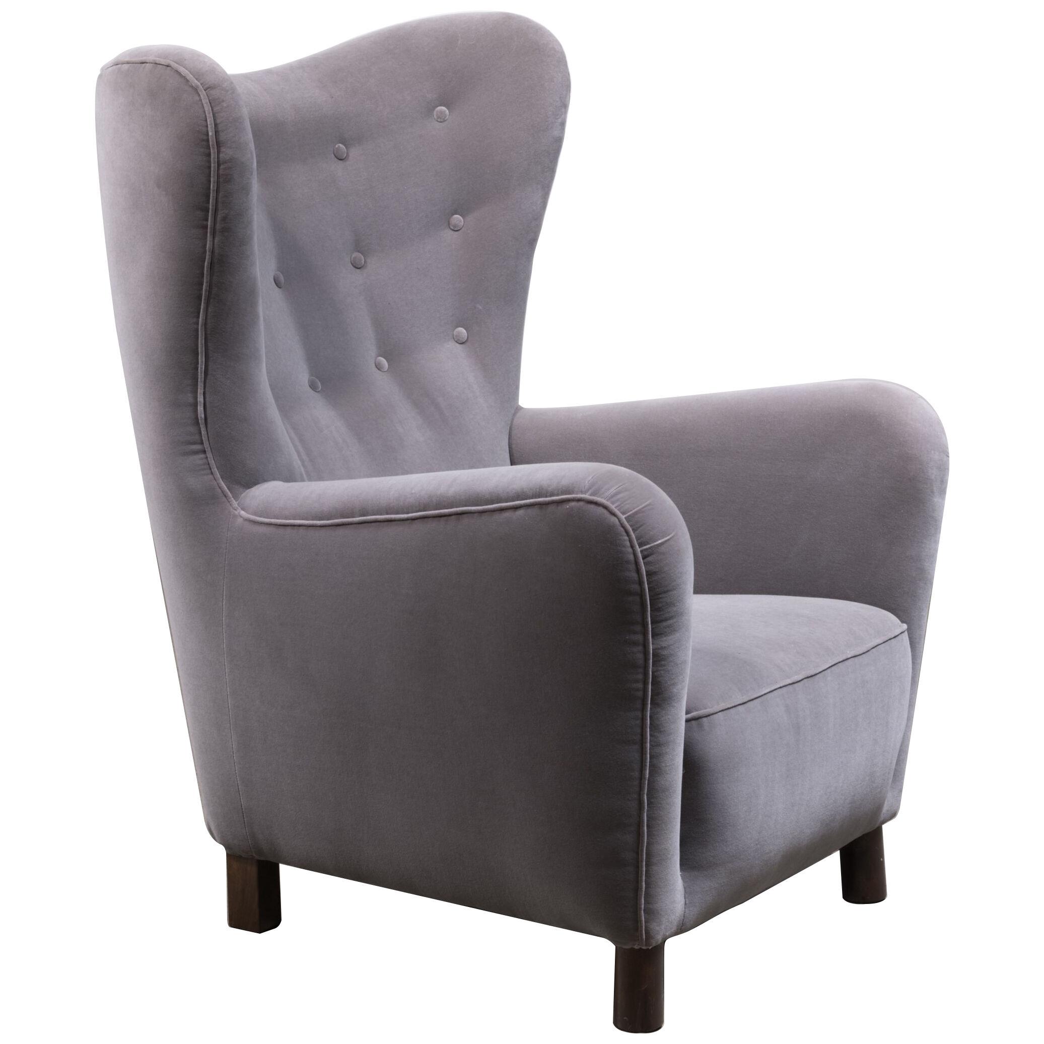 Fritz Hansen High Wingback Grey Velour Lounge Chair, Denmark, 1940s
