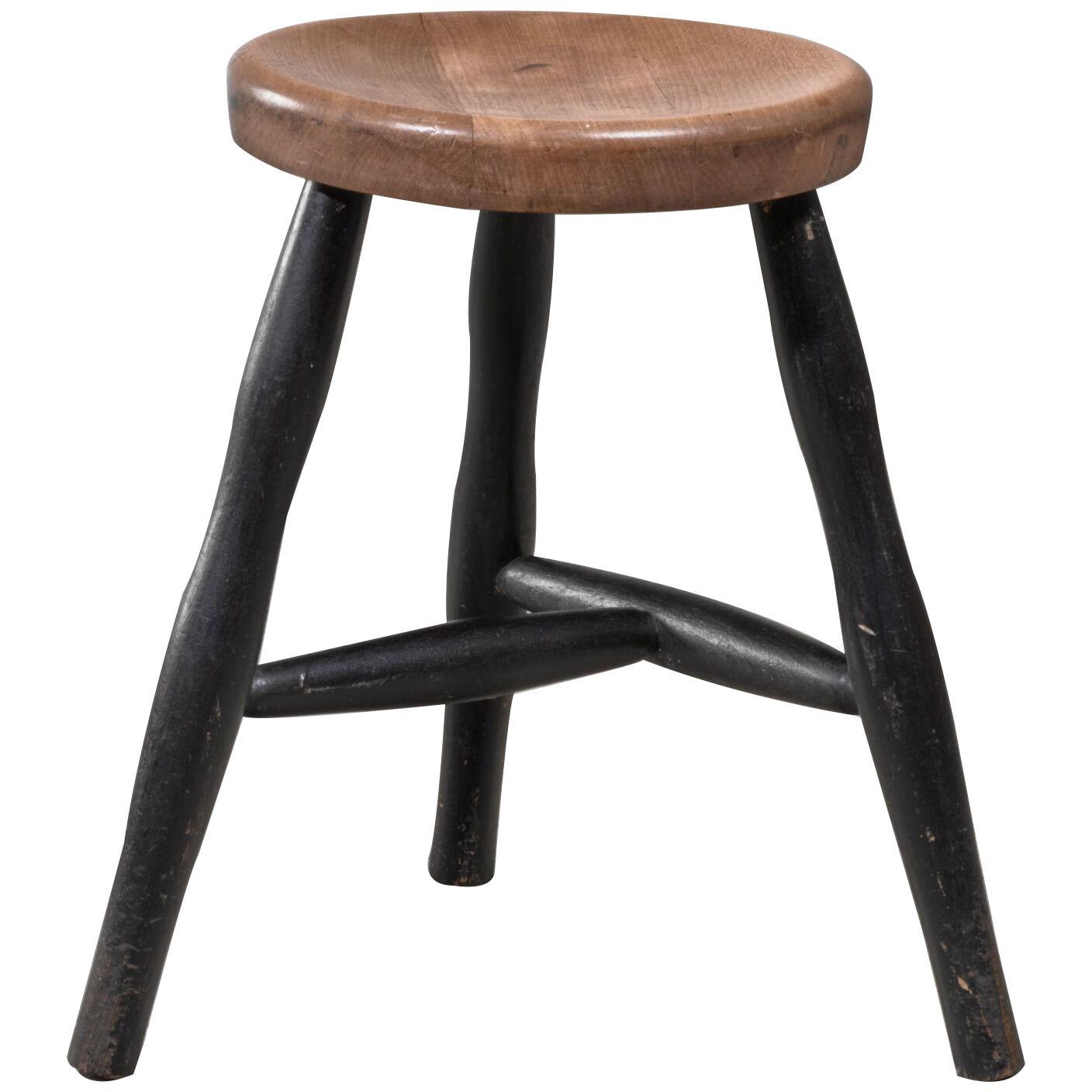 Tribase Stool with Thick Wooden Seat, 1950s