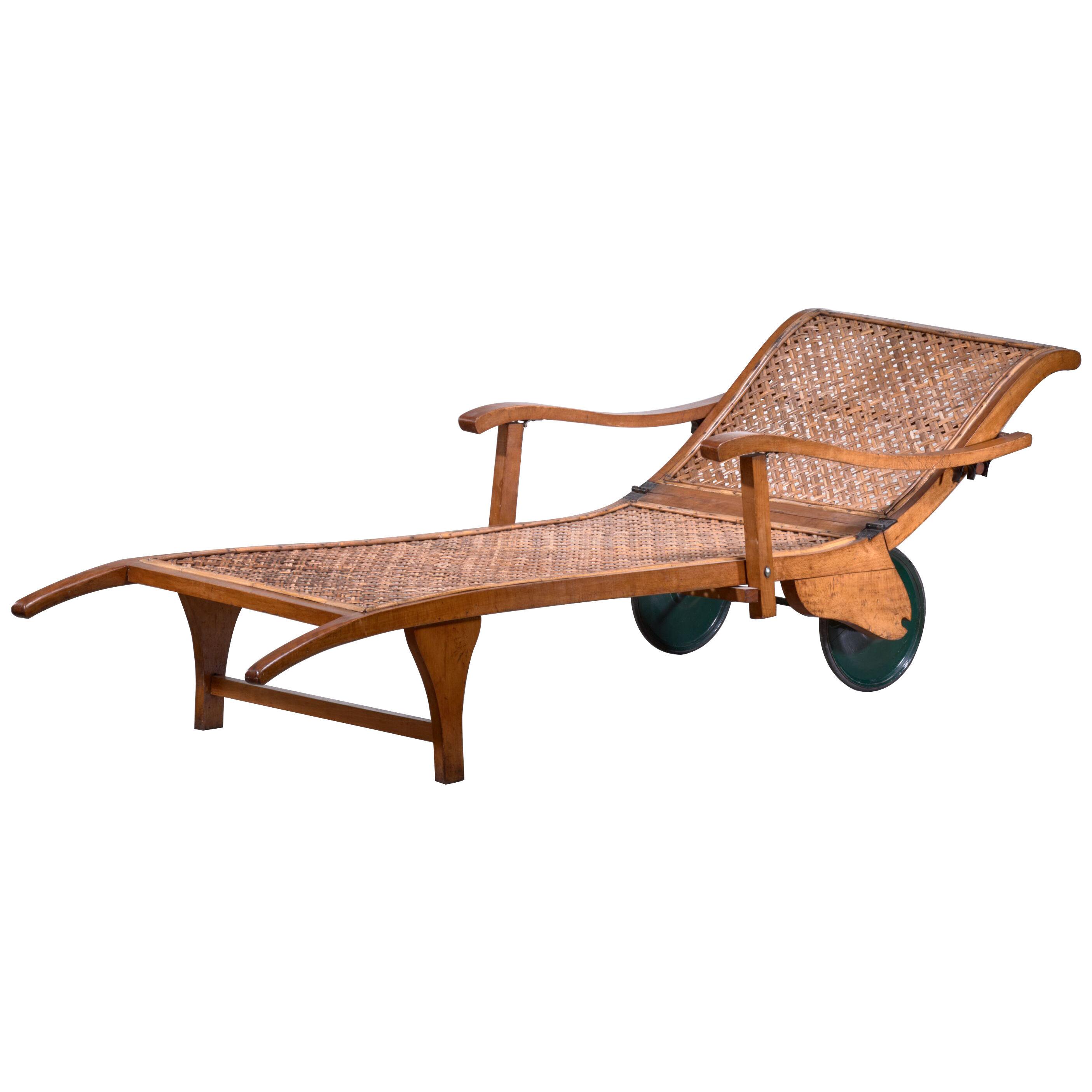 Beech and Woven Cane Garden Chaise on Wheels, Germany, 1930s