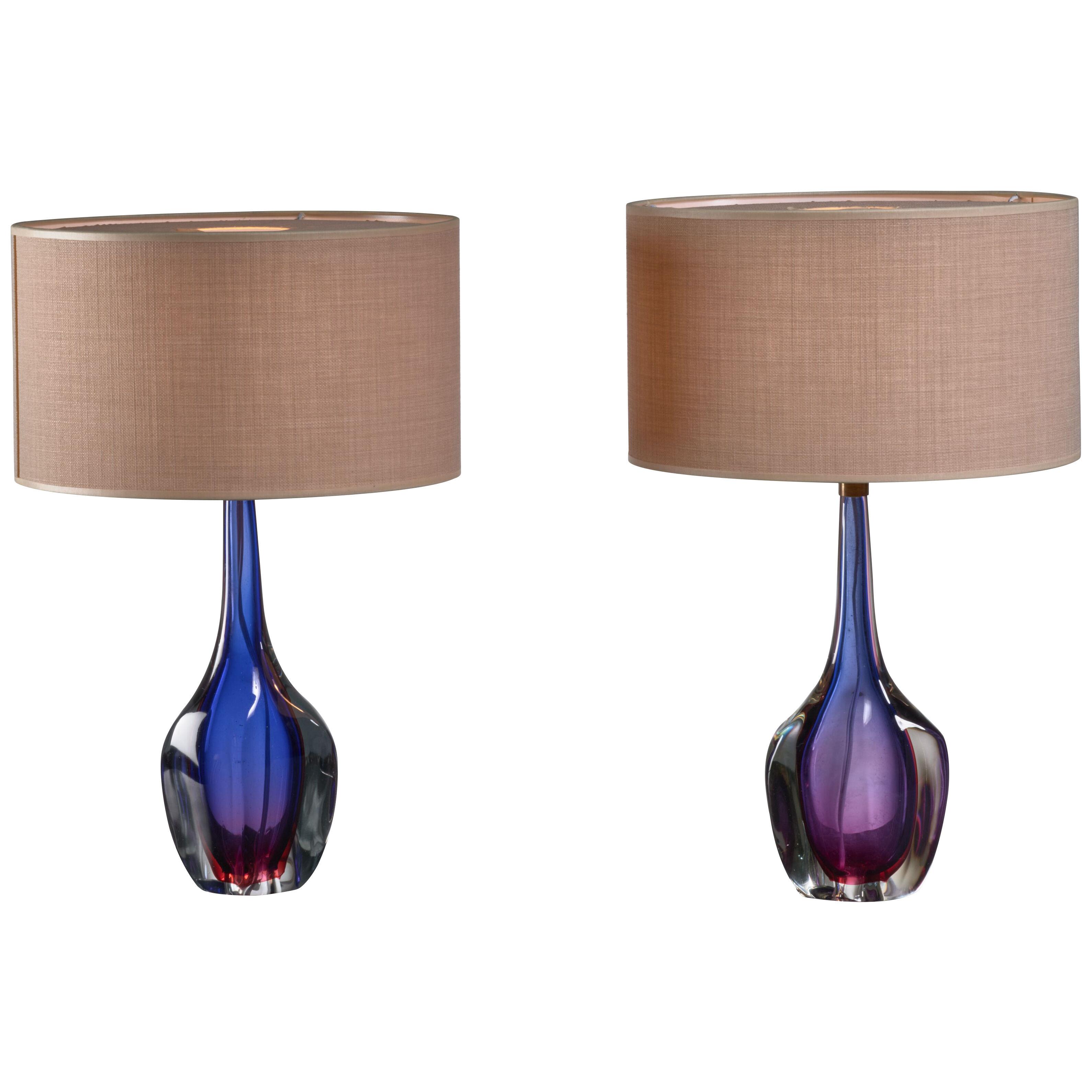 Pair of Purple and Blue Arte Nuova Murano Glass Table Lamps, Italy, 1950s