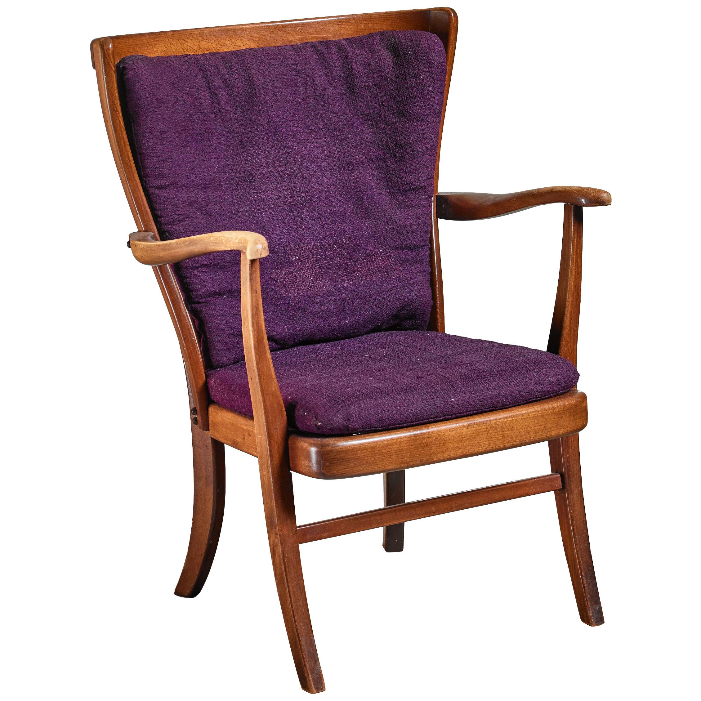 Elegant Wingback Armchair with Warm Deep Purple Cushions, Denmark, 1960s