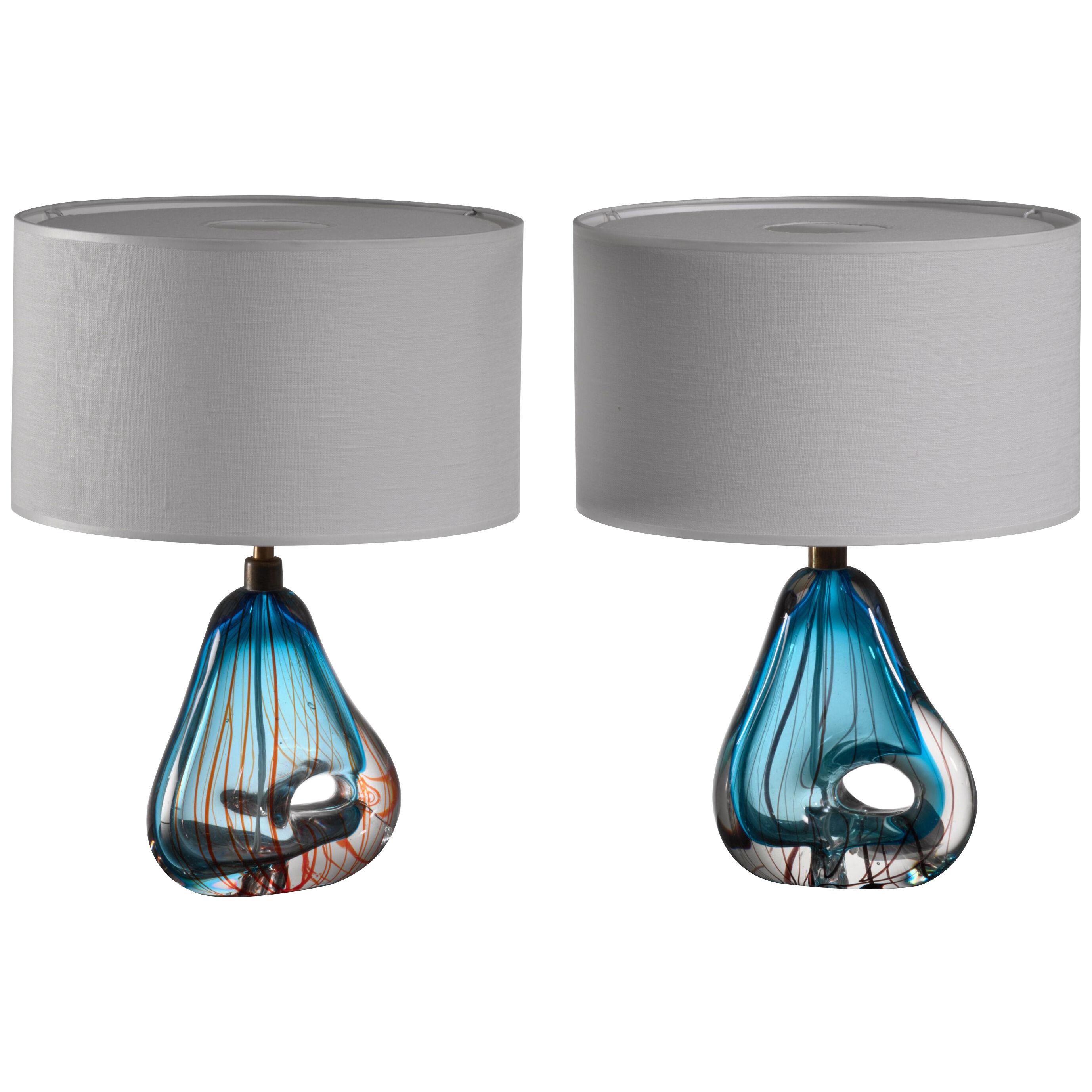 Pair of Blue Murano Glass Table Lamps, Italy, 1950s