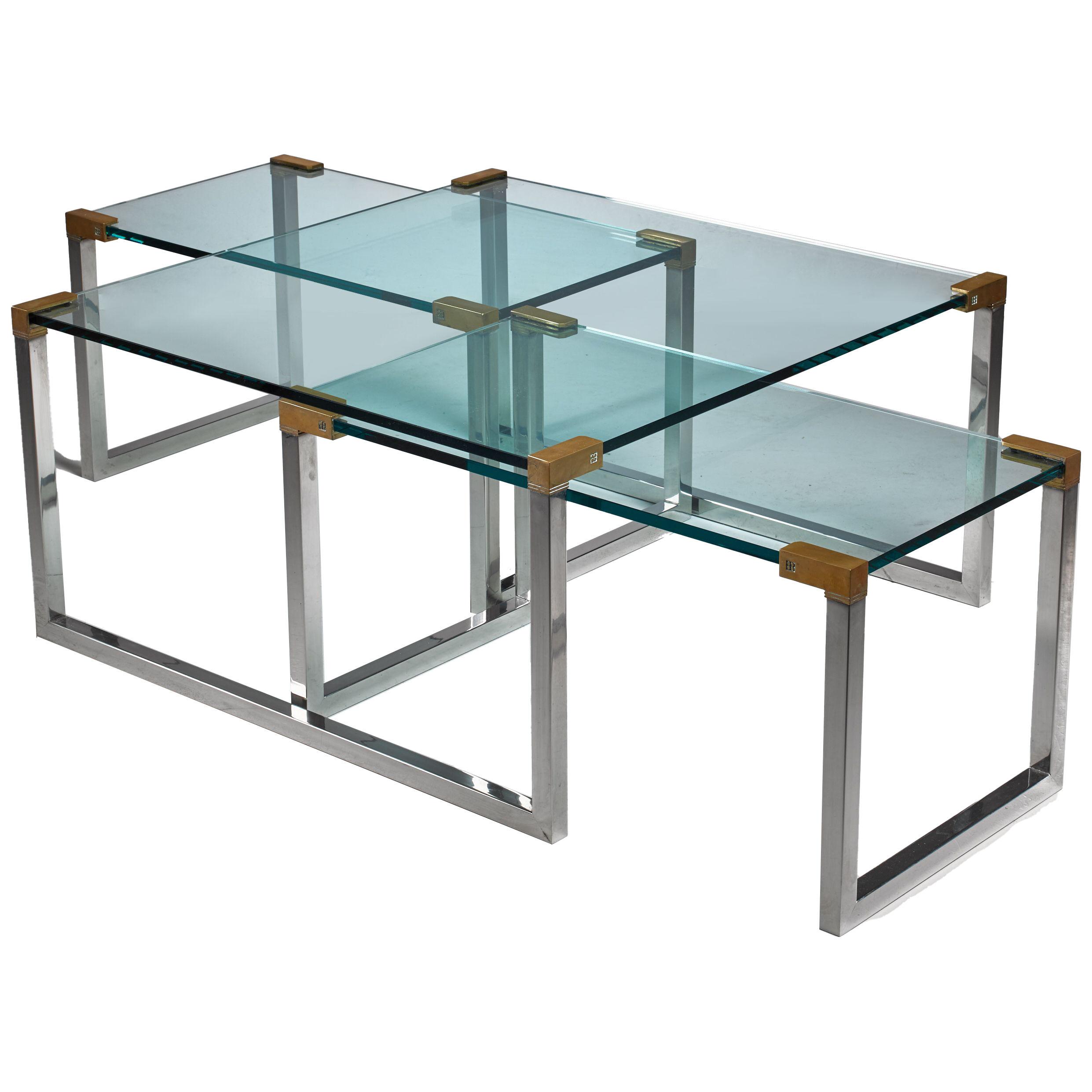 Peter Ghyczy Set of 3 Modular Glass, Brass and Chrome Tables, Netherlands, 1970s
