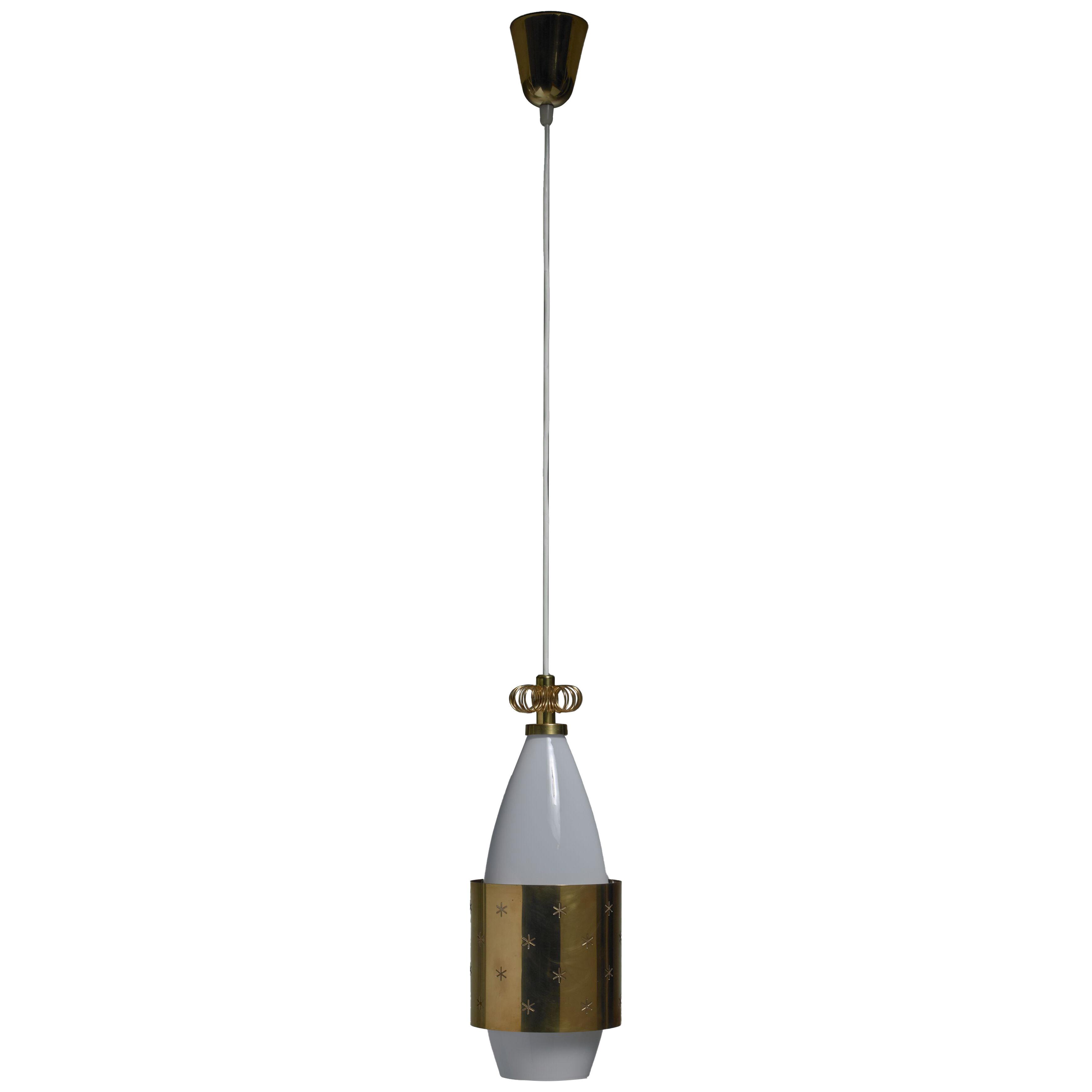 Paavo Tynell K2-12 Opaline Glass and Brass Pendant for Idman, Finland, 1950s