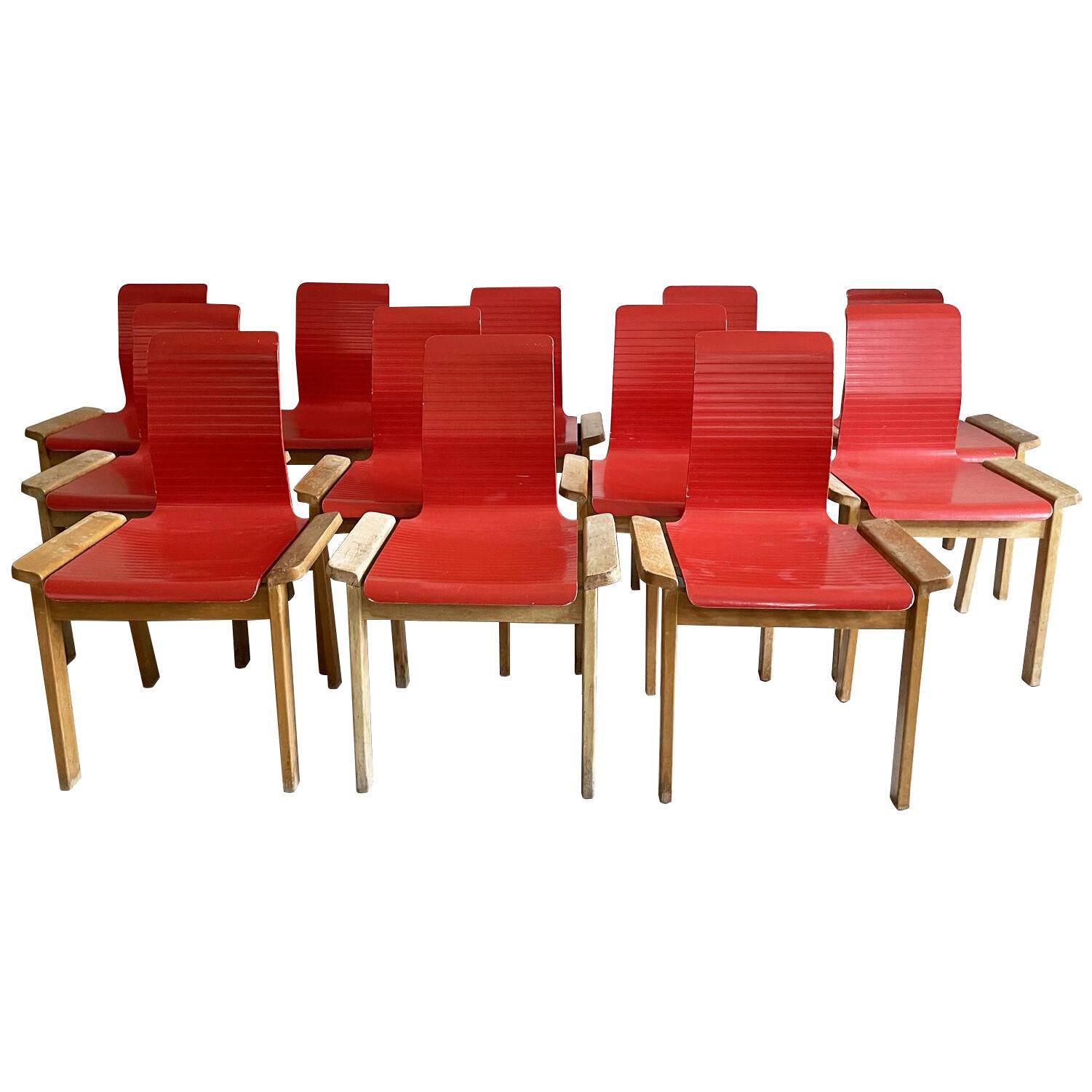 A Set of 12 1960's French Red Lacquer and Beech Dining Chairs
